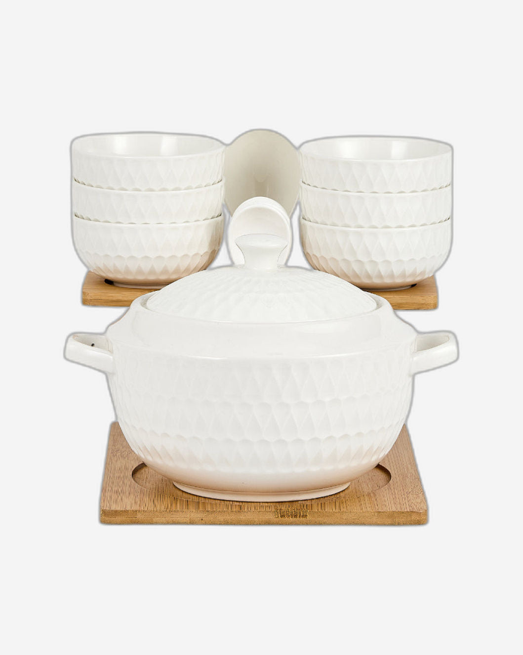 وعاء حساء ضحل من البورسلين والخيزران، 1 قدر حساء، 1 ملعقة حساء، 6 أوعية و6 ملاعق مع حامل، أبيض وبني