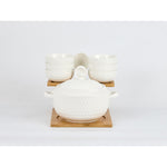 وعاء حساء ضحل من البورسلين والخيزران، 1 قدر حساء، 1 ملعقة حساء، 6 أوعية و6 ملاعق مع حامل، أبيض وبني