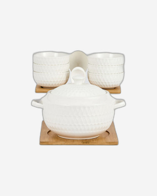 وعاء حساء ضحل من البورسلين والخيزران، 1 قدر حساء، 1 ملعقة حساء، 6 أوعية و6 ملاعق مع حامل، أبيض وبني