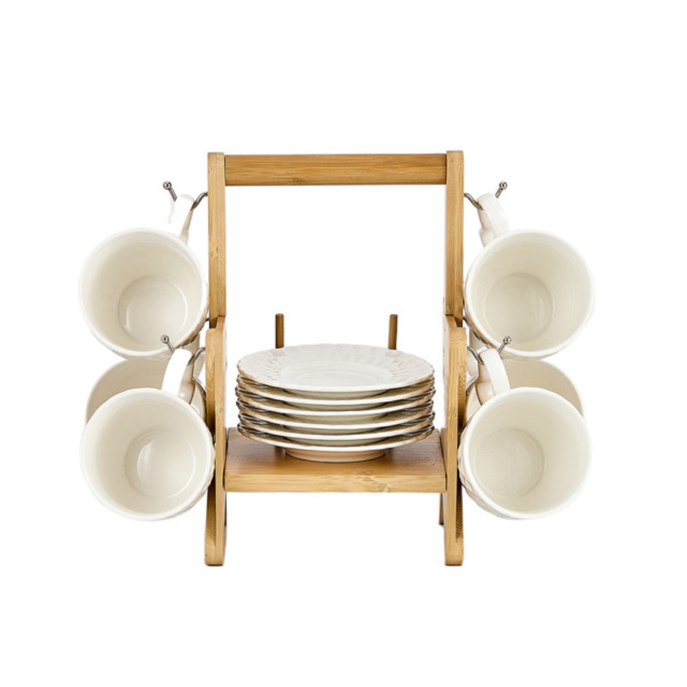 Shallow Elegant Porcelain Bamboo 6 Cup & 6 Saucer Set with Stand, 180ml