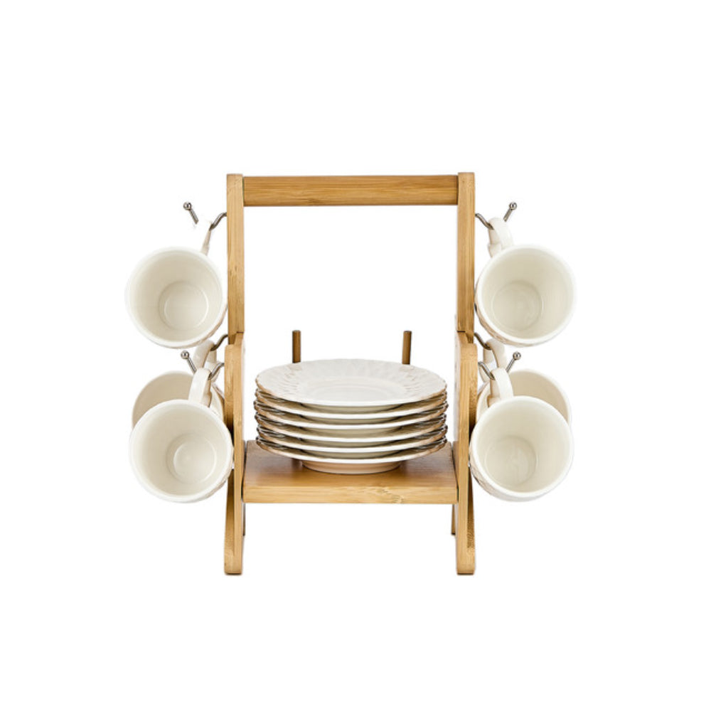 Shallow Elegant Porcelain Bamboo 6 Cup & 6 Saucer Set with Stand, 90ml
