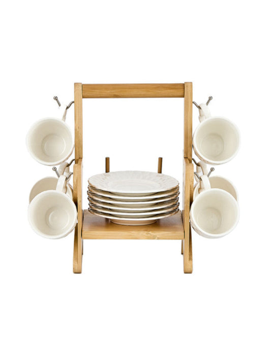 طقم شالو الأنيق من البورسلين والخيزران، مكون من 6 أكواب و6 أطباق، مع حامل، سعة 90 مل