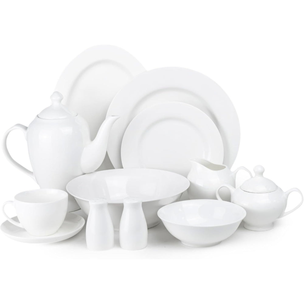 Shallow Bone China Gold Plated Dinner Set - 47 Pieces, White