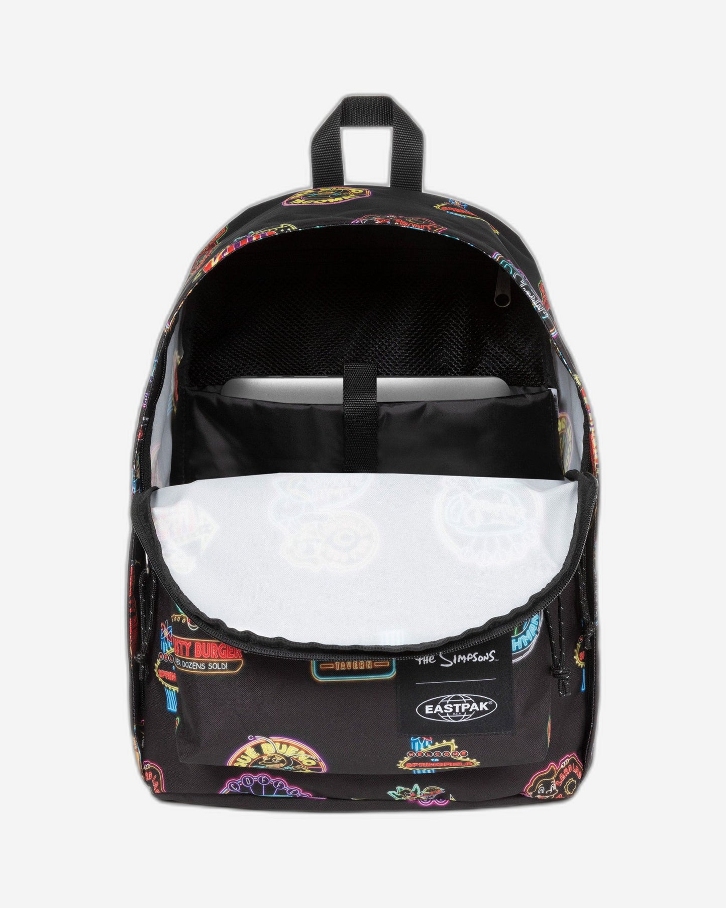 حقيبة ظهر متوسطة الحجم من إيستباك بتصميم نيون مستوحى من مسلسل سيمبسونز، تحمل عبارة "خارج المكتب".