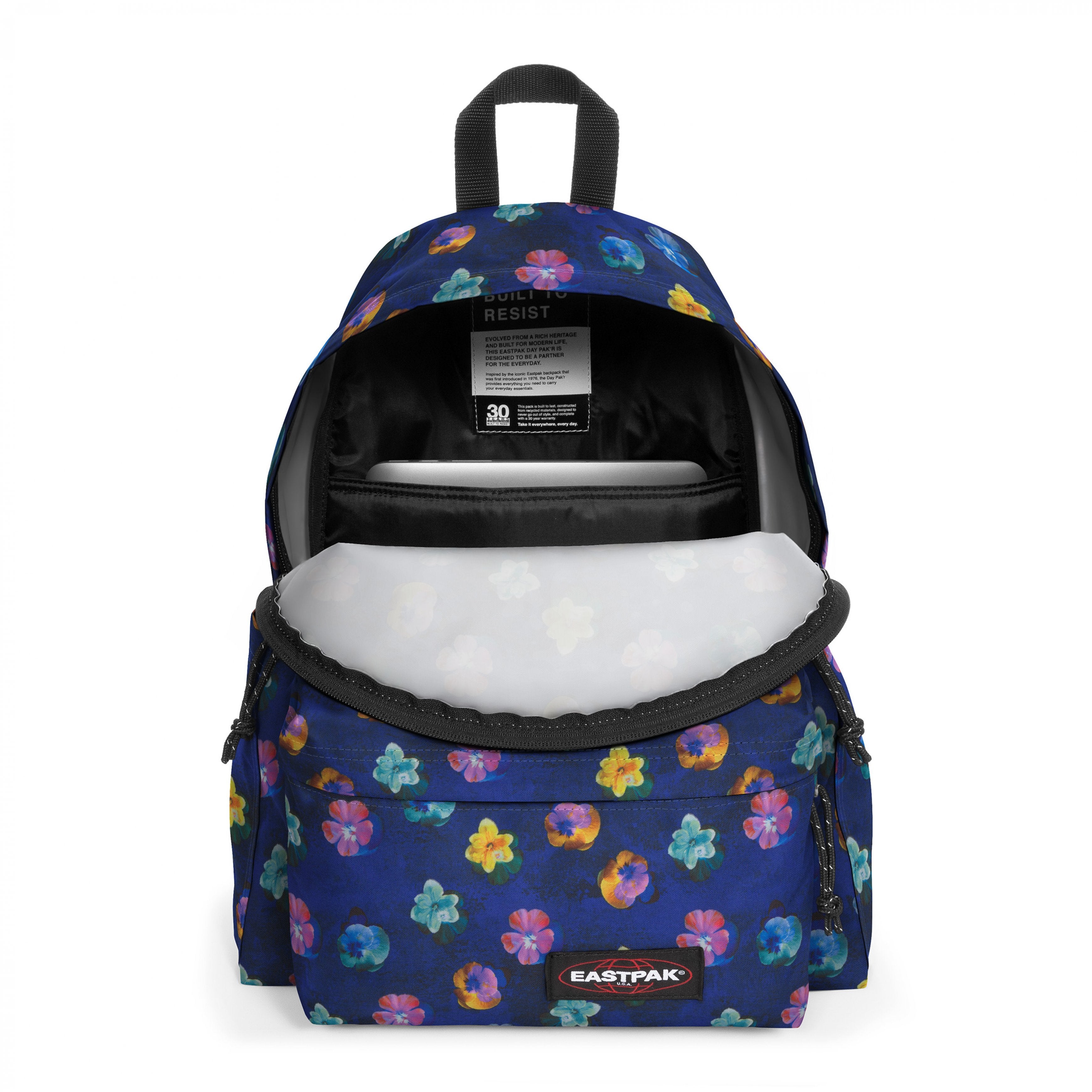 حقيبة ظهر Eastpak Day Pak'R Flowerblur متوسطة الحجم باللون الأزرق الداكن مع حامل زجاجات وجيب للكمبيوتر المحمول - EK0A5BG42O41