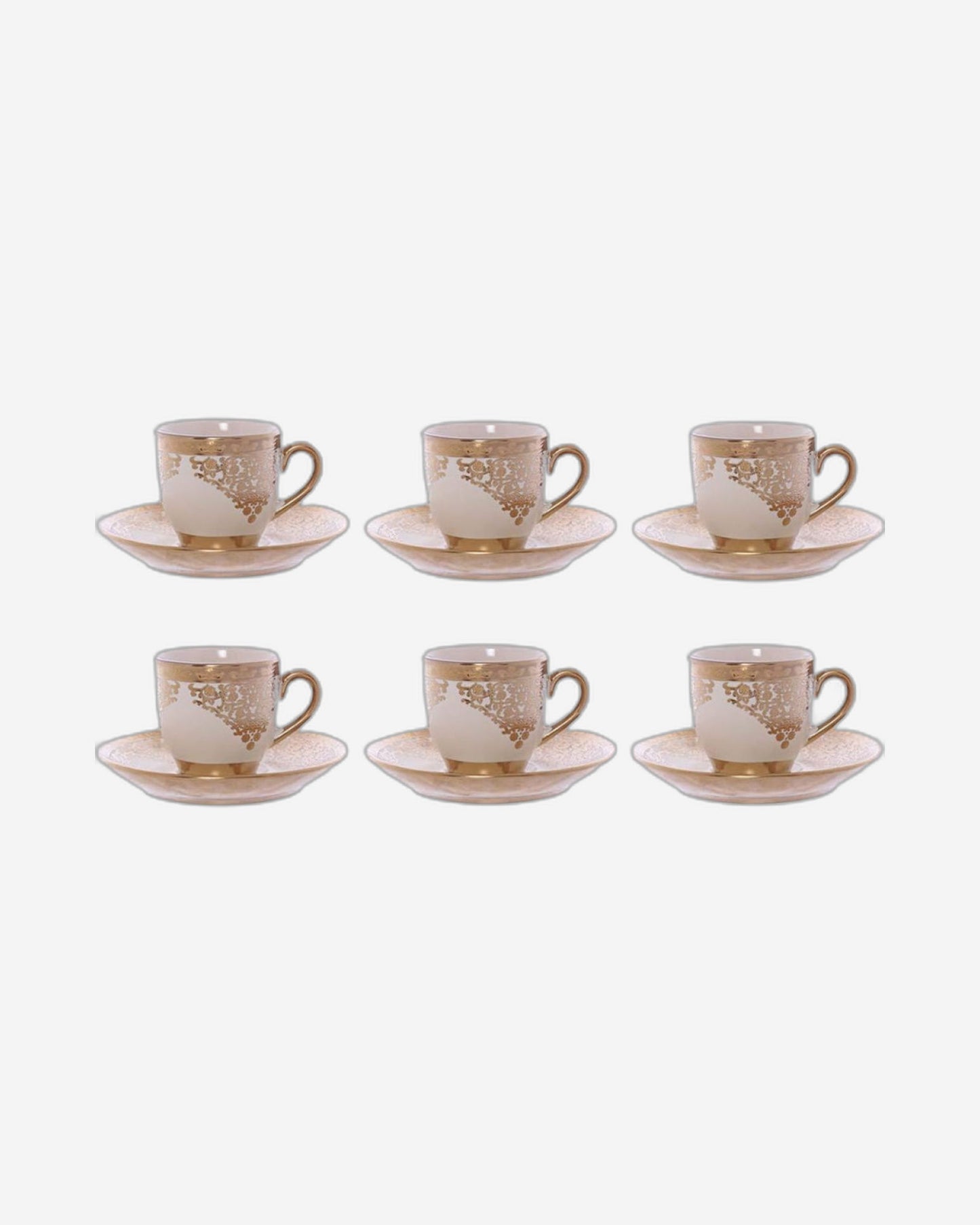 طقم فناجين وصحون من البورسلين الضحل، ١٢ قطعة، بيج/ذهبي - طقم شاي/قهوة أنيق لتناول الطعام اليومي