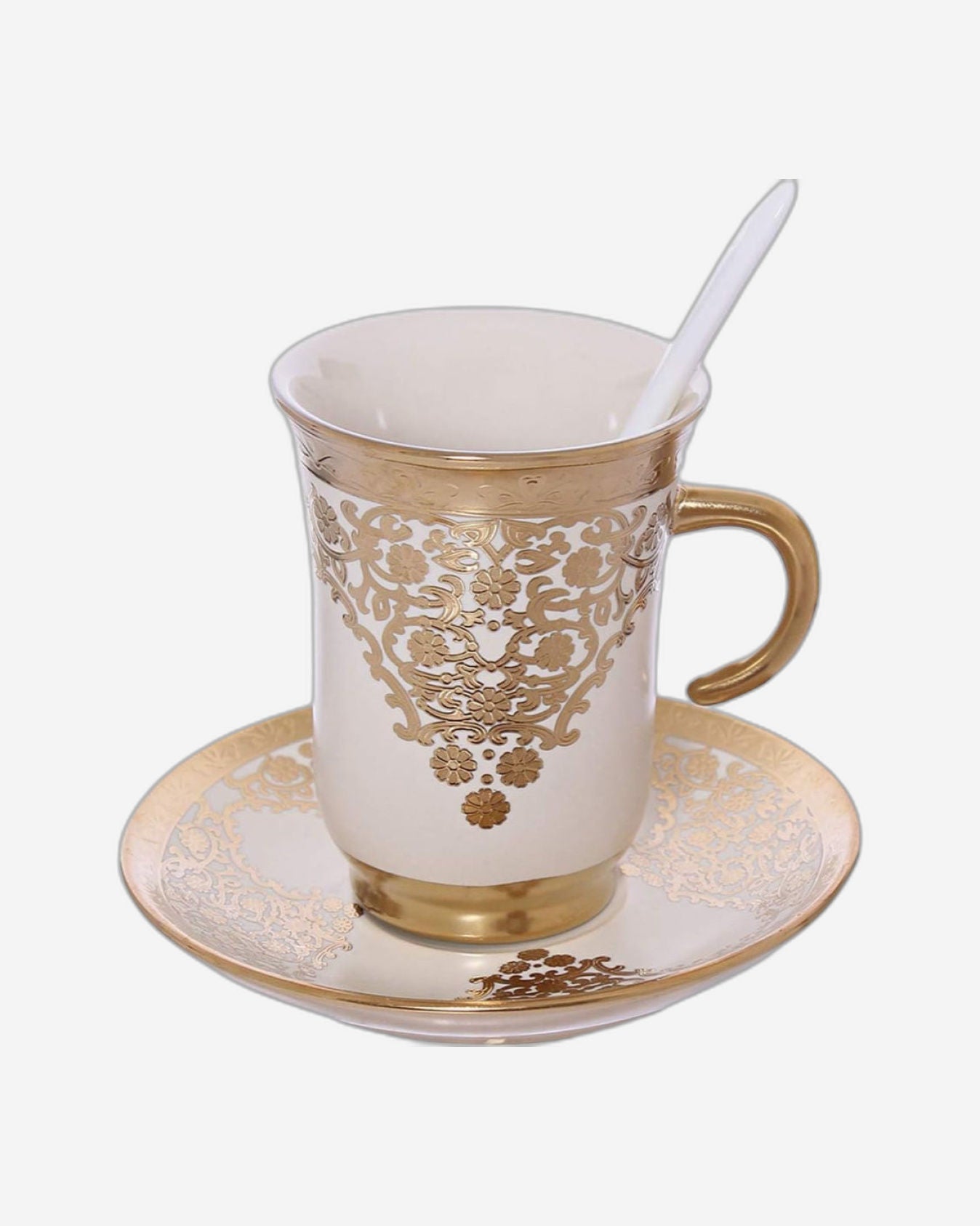 طقم فناجين وصحون من البورسلين الضحل، 12 قطعة، بيج/ذهبي - طقم شاي/قهوة أنيق للاستخدام اليومي والمناسبات الخاصة