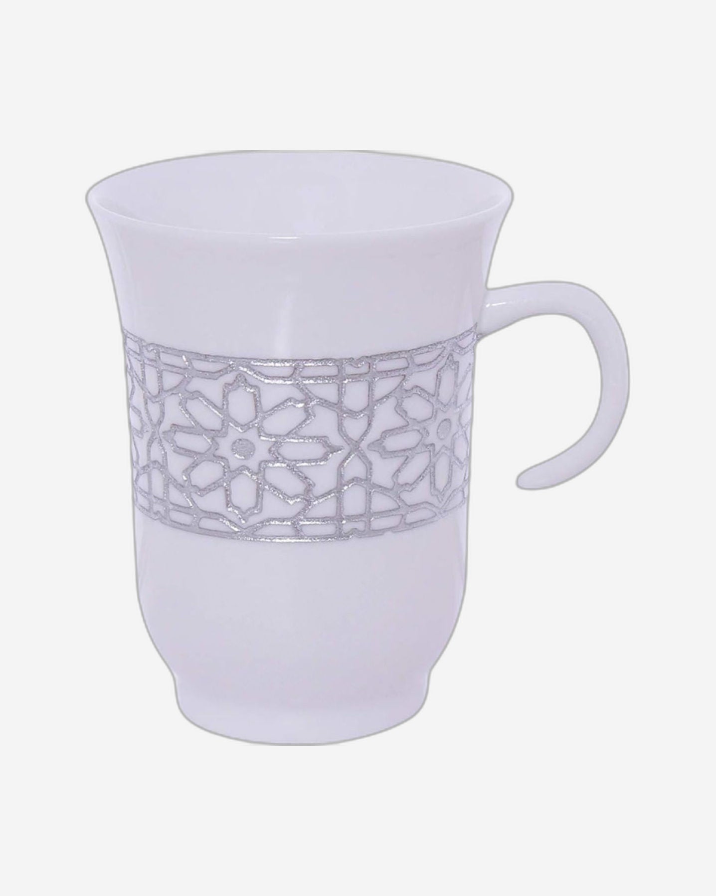 طقم فناجين وصحون من البورسلين الضحل، ١٢ قطعة، أبيض/فضي - طقم شاي/قهوة أنيق للاستخدام اليومي والمناسبات الخاصة