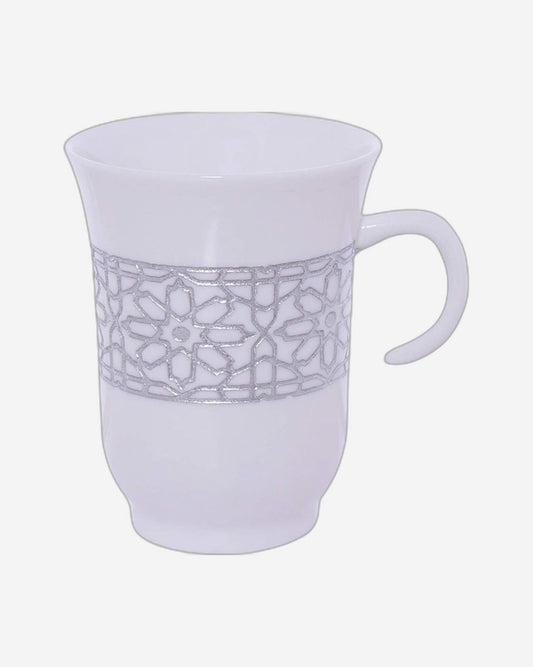 طقم فناجين وصحون من البورسلين الضحل، ١٢ قطعة، أبيض/فضي - طقم شاي/قهوة أنيق للاستخدام اليومي والمناسبات الخاصة