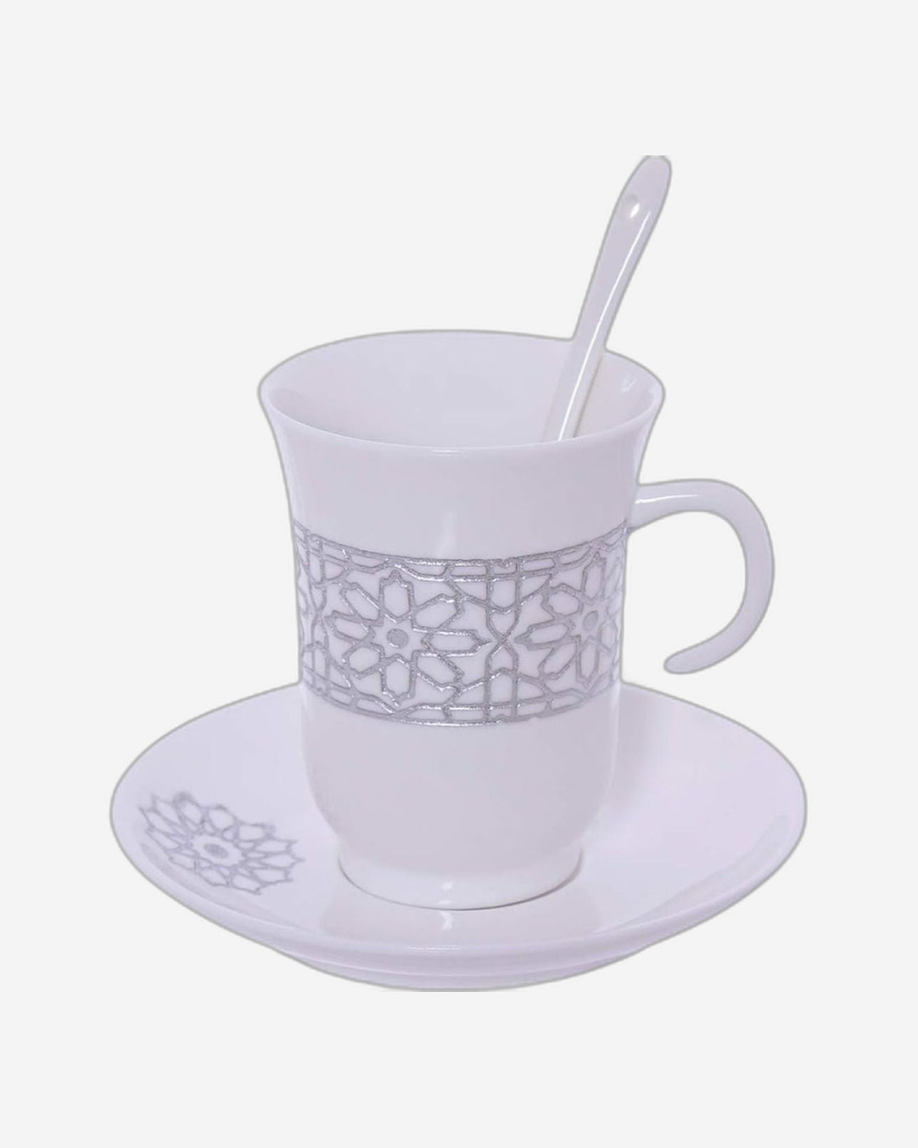 طقم فناجين وصحون من البورسلين الضحل، ١٢ قطعة، أبيض/فضي - طقم شاي/قهوة أنيق للاستخدام اليومي والمناسبات الخاصة