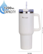 كوب سفر نيسان مزدوج الجدار معزول بالفراغ من الفولاذ المقاوم للصدأ مع غطاء مزدوج الوظيفة وقشة للماء والشاي المثلج أو القهوة الساخنة والعصائر وغيرها (كريمي، 1200 مل)