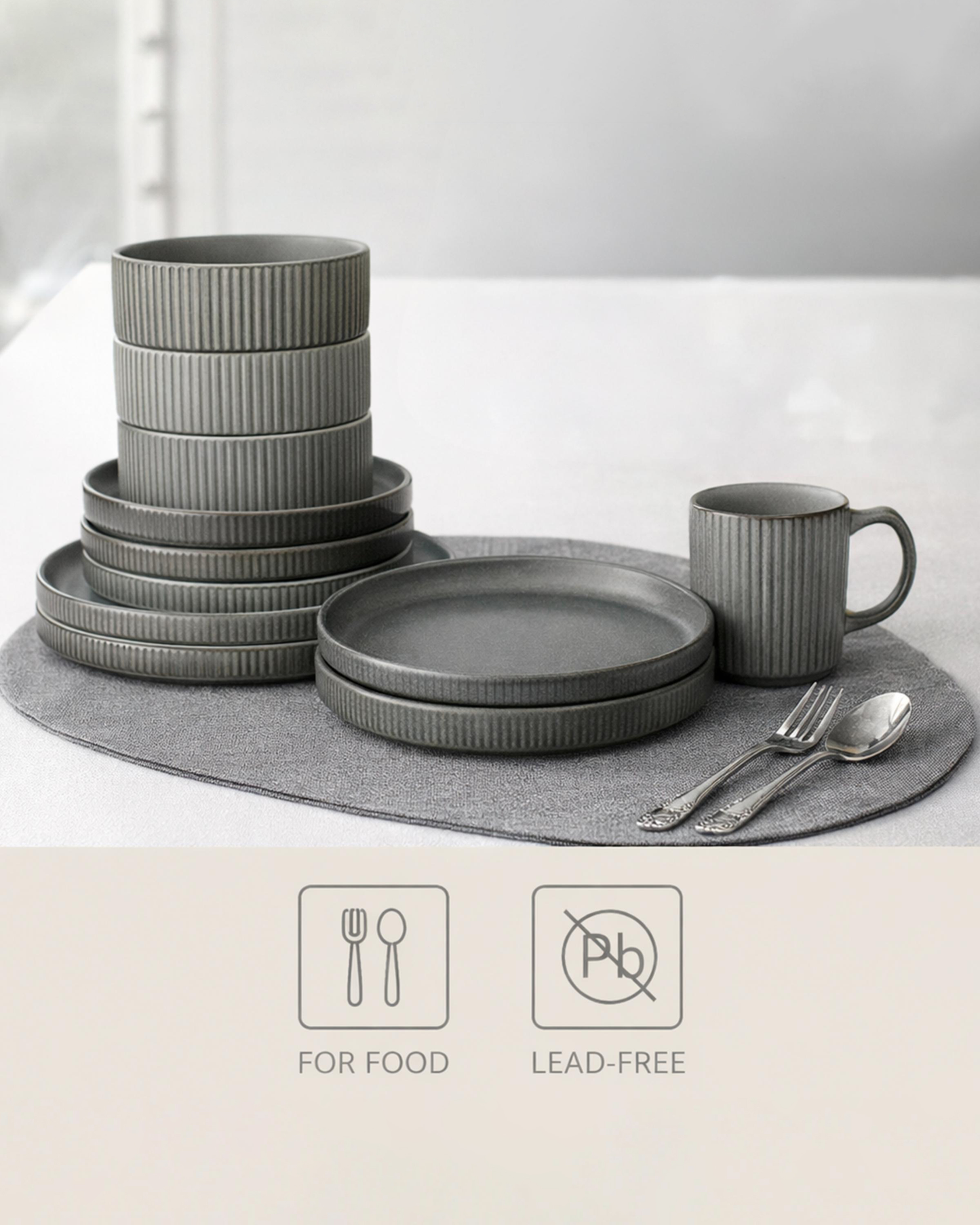 Shallow LEF Stoneware Dinner Set 16 pcs Light Grey