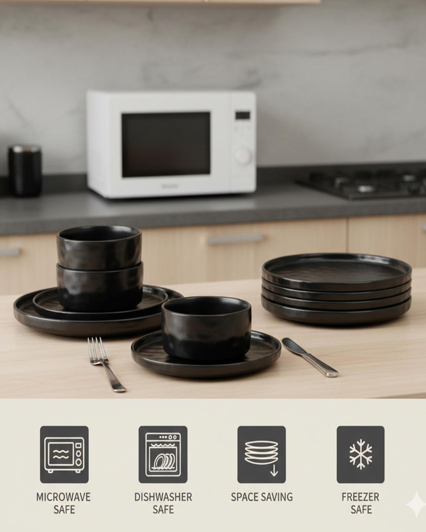 Shallow HUA Stoneware Dinner Set 18 pcs Black
