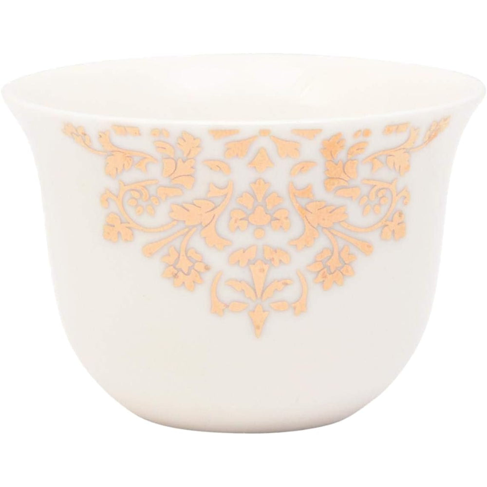 أكواب غاوا الخزفية العظمية الضحلة، مجموعة من 12 قطعة - أكواب قهوة عربية أنيقة باللونين الأبيض والذهبي