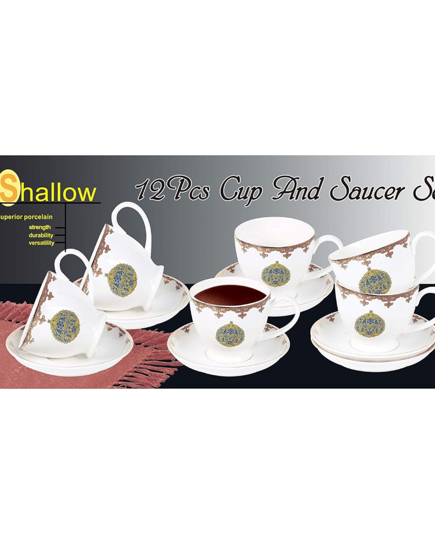 طقم فناجين شاي وصحن من الخزف العظمي بتصميم سلطان شالو، 12 قطعة - ذهبي/أصفر، 180 مل