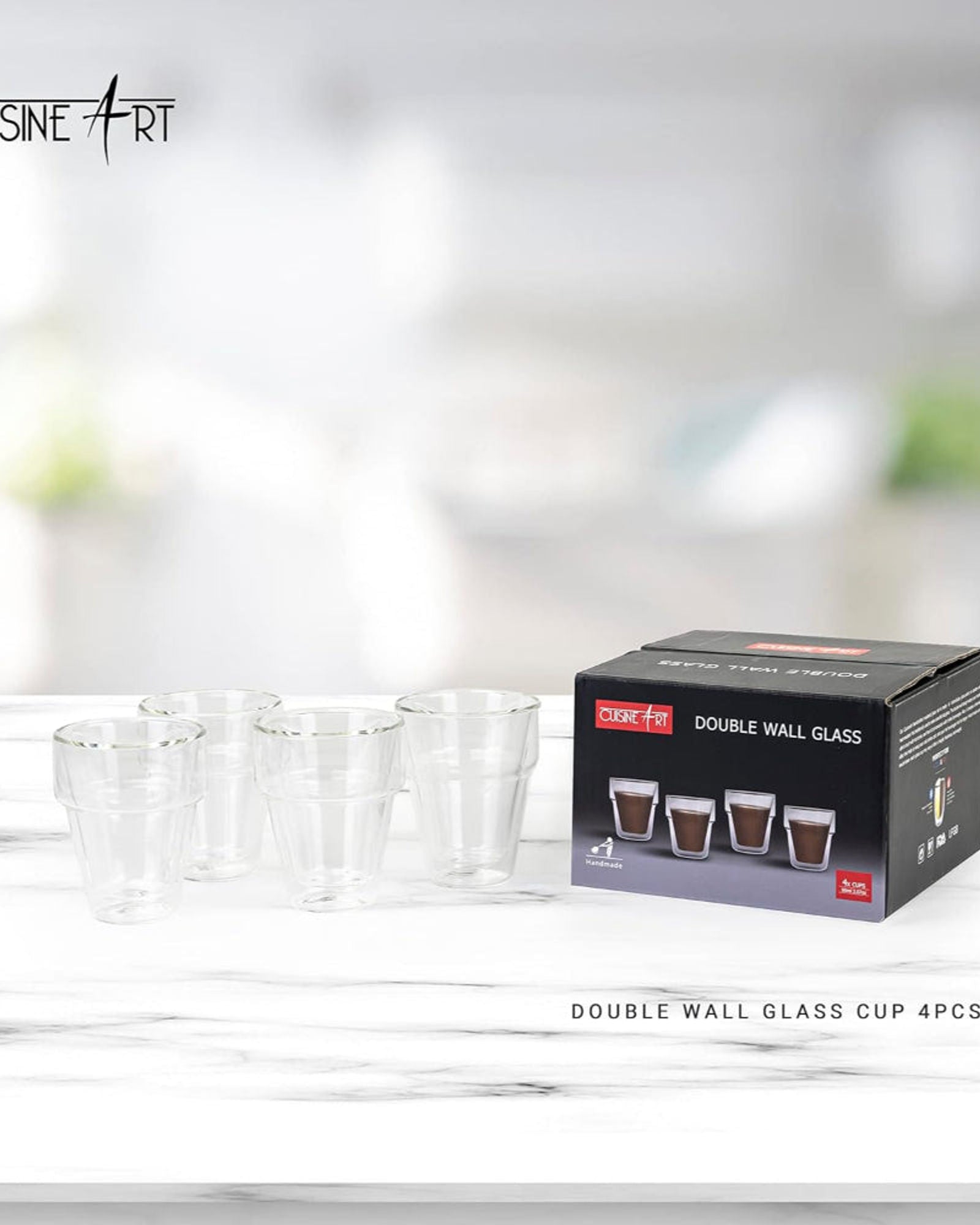 طقم أكواب زجاجية مزدوجة الجدار من كويزين آرت، 4 قطع، سعة 90 مل