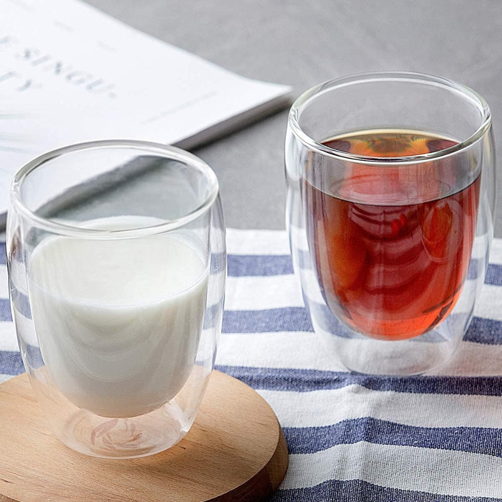 طقم أكواب زجاجية مزدوجة الجدار من كويزين آرت، سعة 350 مل، مكون من قطعتين، مصنوعة من زجاج البورسليكات، للقهوة والشاي والويسكي والكوكتيلات وجميع المشروبات - كوب شرب مزدوج الجدار بتصميم بسيط ومتين