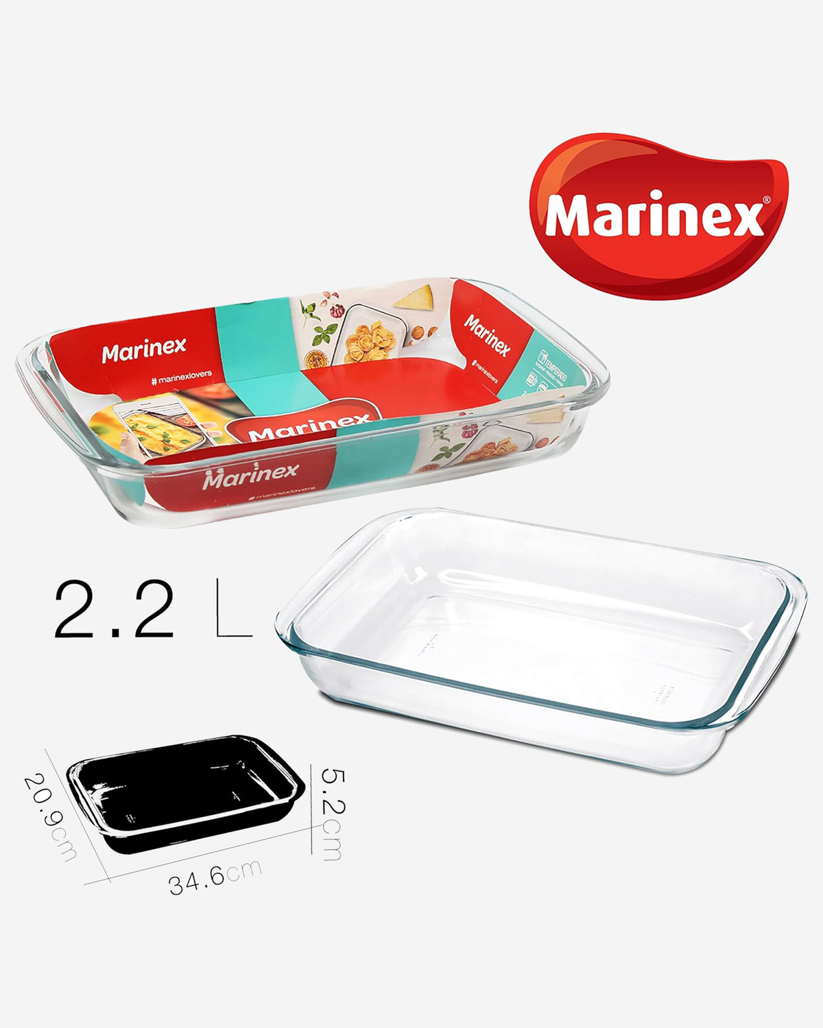 Marinex Medium Rectangular Glass Roaster, 2.2L, Heat-Resistant, Oven-Safe, Transparent