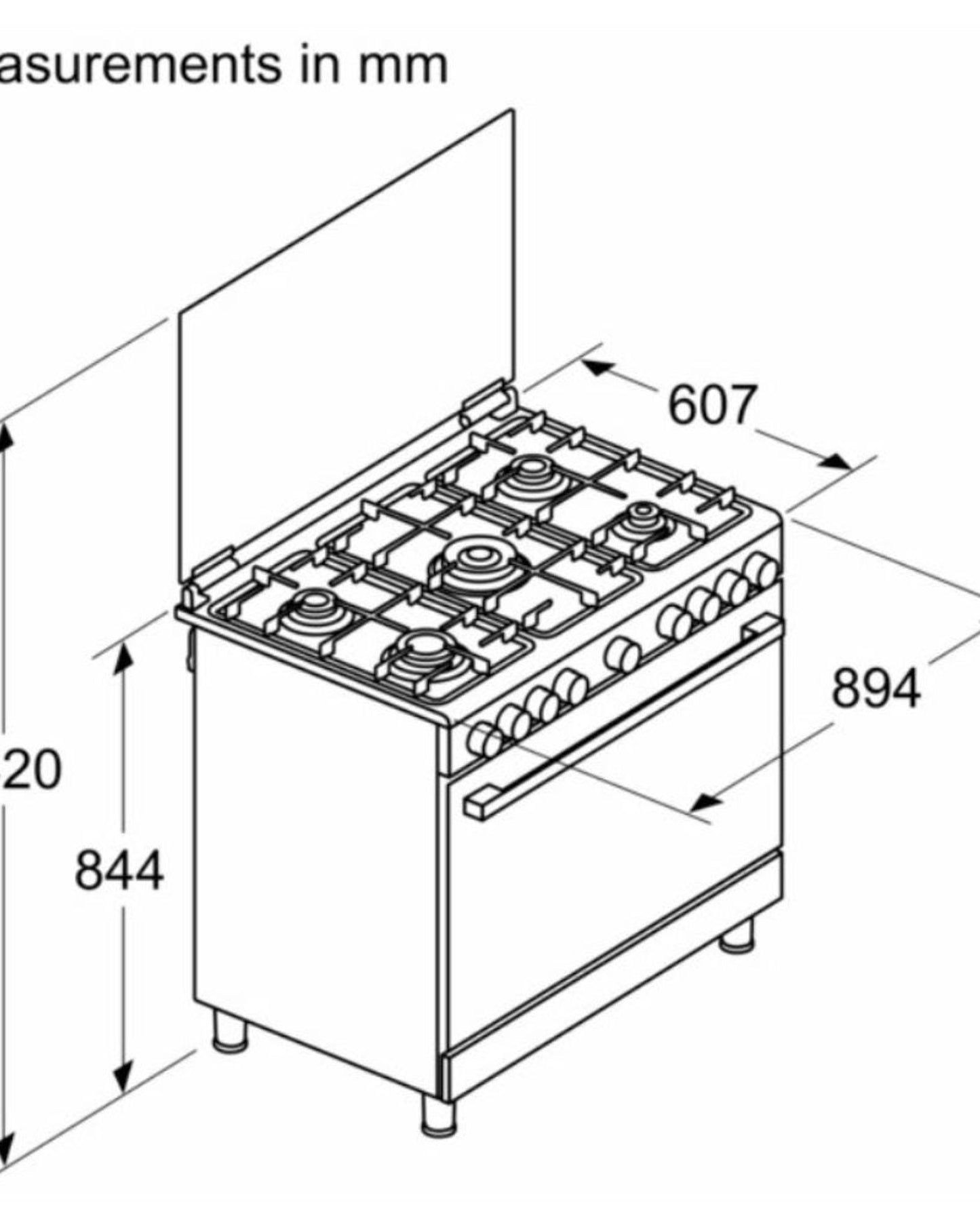 موقد غاز بوش سلسلة 6، 5 شعلات، فرن سعة 125 لتر