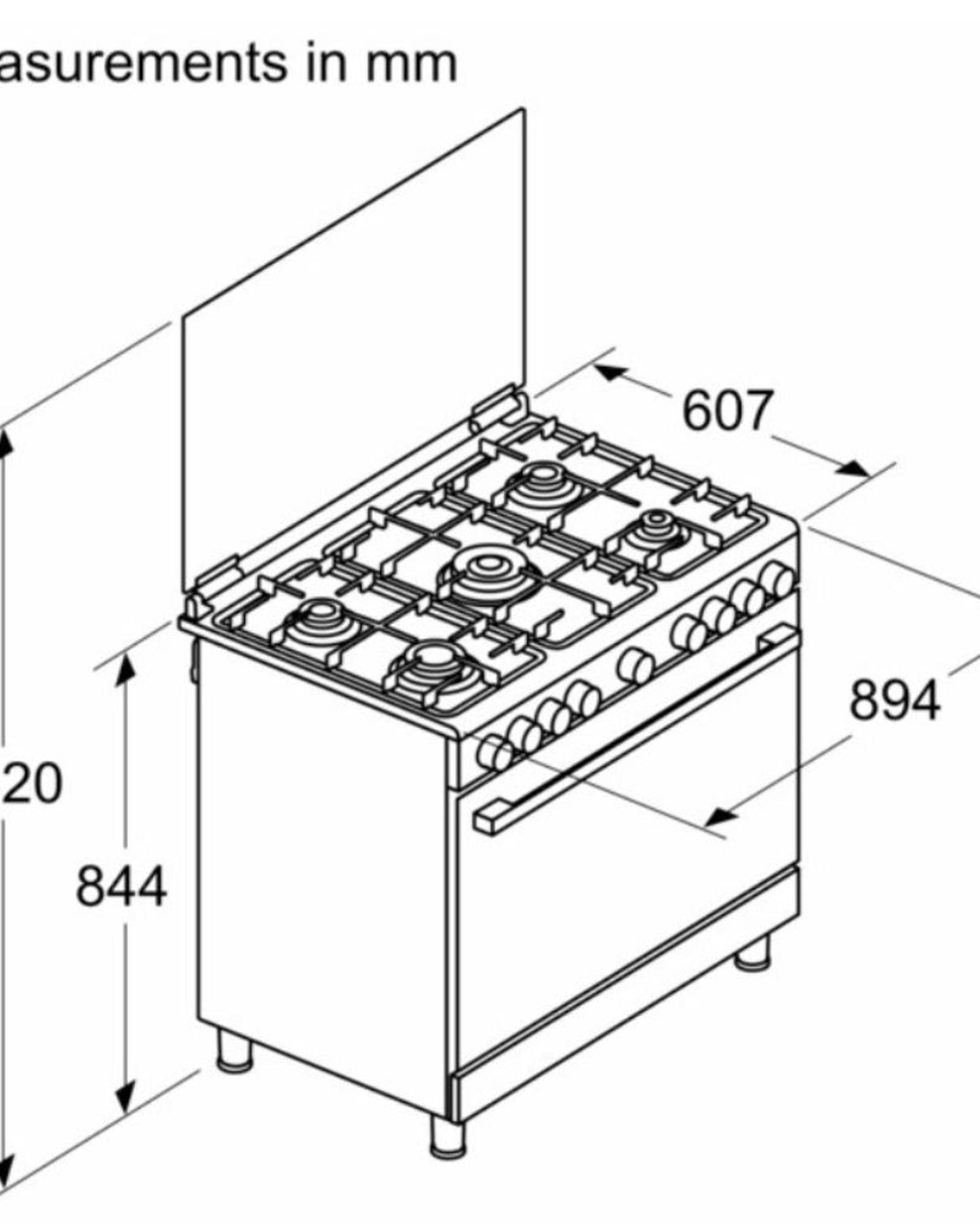 موقد غاز بوش من السلسلة 4، 5 شعلات مع فرن سعة 125 لترًا، وشواية دوارة، وشعلات - HGV1ISW50M من الفولاذ المقاوم للصدأ