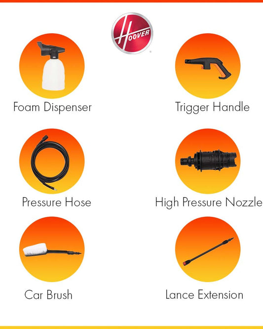 غسالة هوفر الكهربائية ذات الضغط العالي ١٢٠ بار، مزودة بمسدس، وخرطوم ٣ أمتار، وموزع رغوة، ومقبض زناد، ومضخة قابلة للتعديل، وفرشاة سيارة، وغيرها. غسالة ضغط محمولة ١٦٠٠ واط للسيارة والمنزل والحديقة - ???HPW-M1612