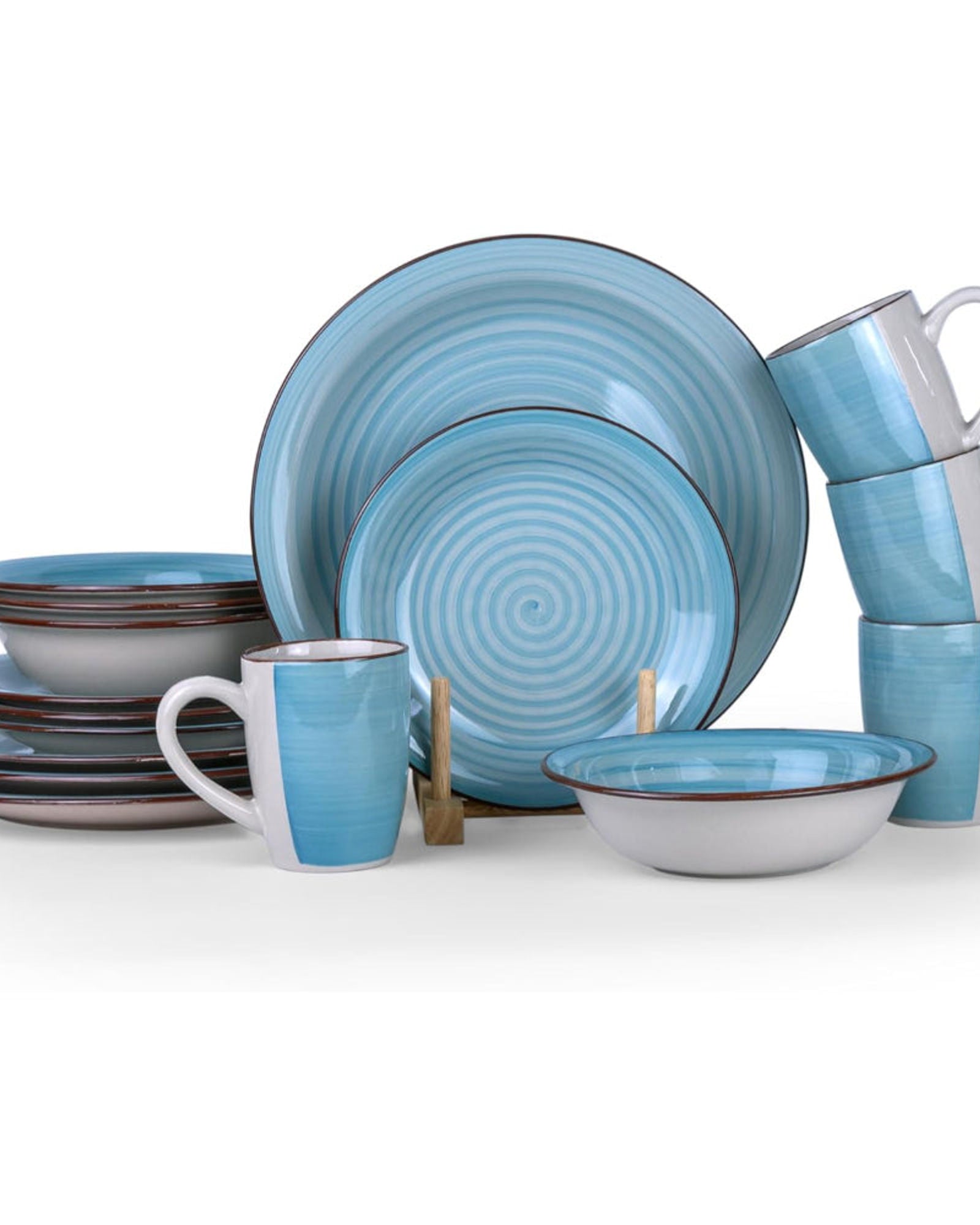 طقم عشاء كوزين آرت كوزميك، مصنوع من 16 قطعة من الفخار الحجري المطلي يدويًا - أزرق | 4 أطباق عشاء (10.5 بوصة)، 4 أطباق حلوى (7.5 بوصة)، 4 أوعية حساء (7 بوصة)، 4 أكواب (9 أونصات). أدوات مائدة أنيقة ومتينة للمنزل والمطبخ.