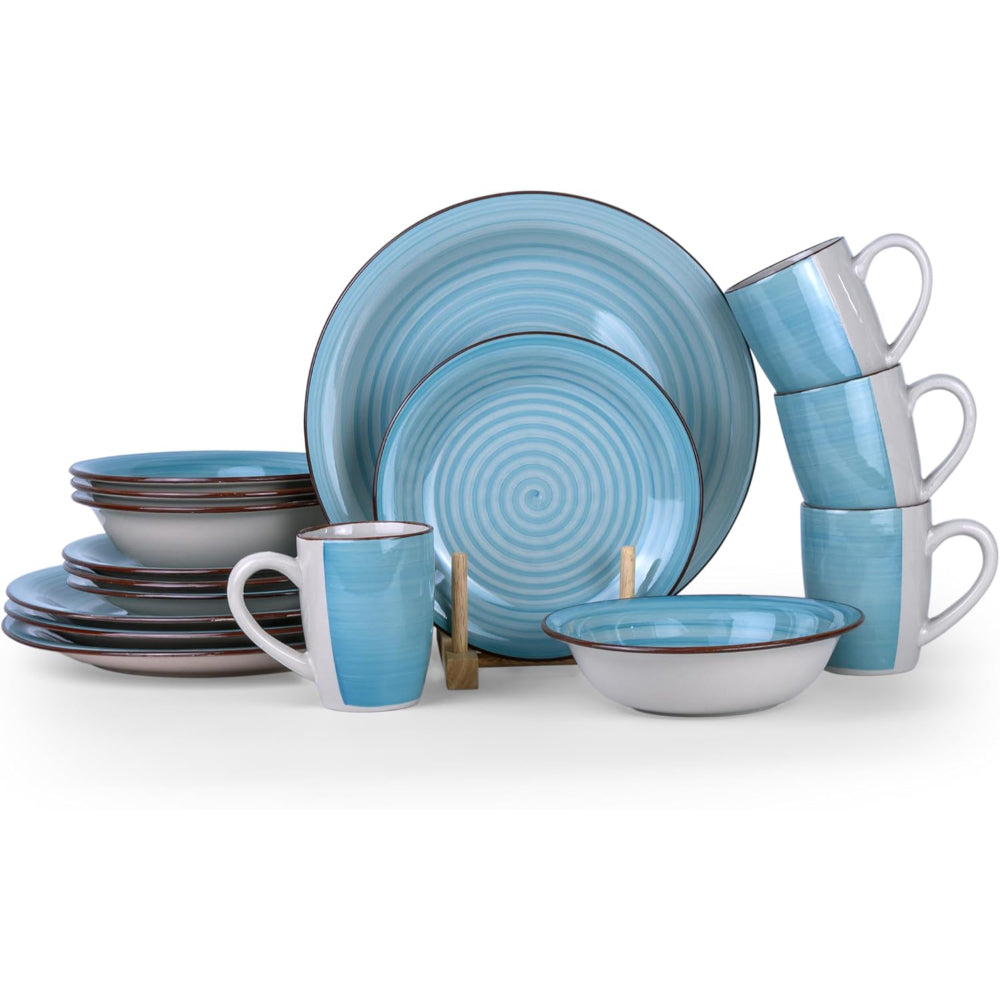 Cuisine Art Cosmic Hand-Painted Stoneware 16pcs Dinner Set – Blue | 4 Dinner Plates (10.5