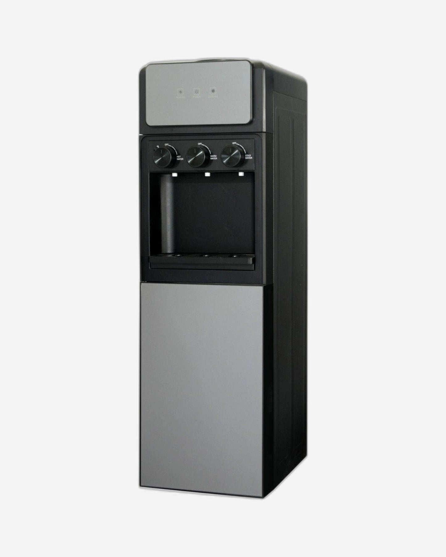 موزع مياه هوفر بثلاث صنابير تحميل علوي مع خزانة، 3 فوهات مياه ساخنة وباردة، قفل أمان للأطفال، مقبض تحكم، خزان مياه بارد من الفولاذ المقاوم للصدأ، ضمان لمدة عام، لون رمادي فضي - HWD-SC-02S