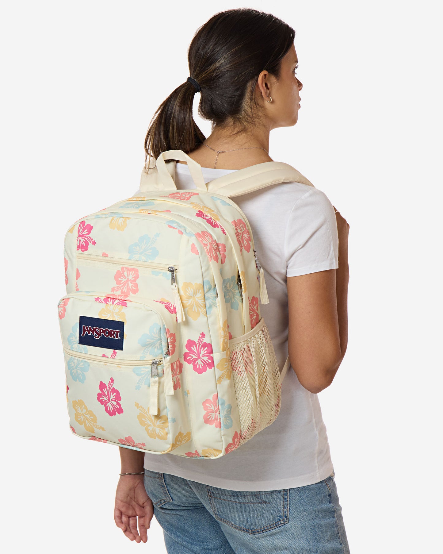 حقيبة ظهر كبيرة الحجم من JanSport للطلاب، مناسبة لأجهزة الكمبيوتر المحمولة الكبيرة، بتصميم زهرة الكركديه للأطفال