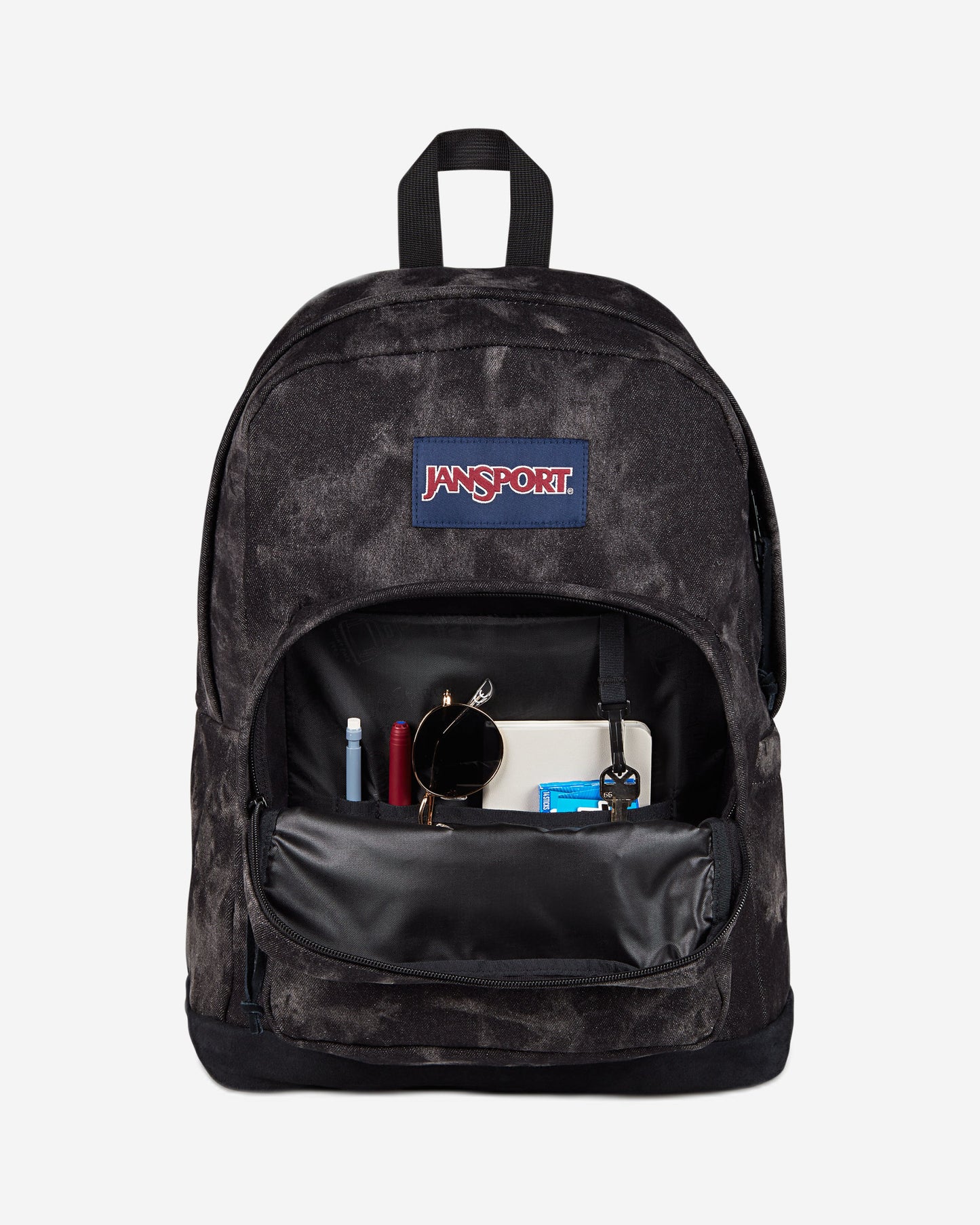 حقيبة ظهر JanSport Right Pack Expression كبيرة الحجم للكمبيوتر المحمول، مصنوعة من قماش الدنيم الأسود.