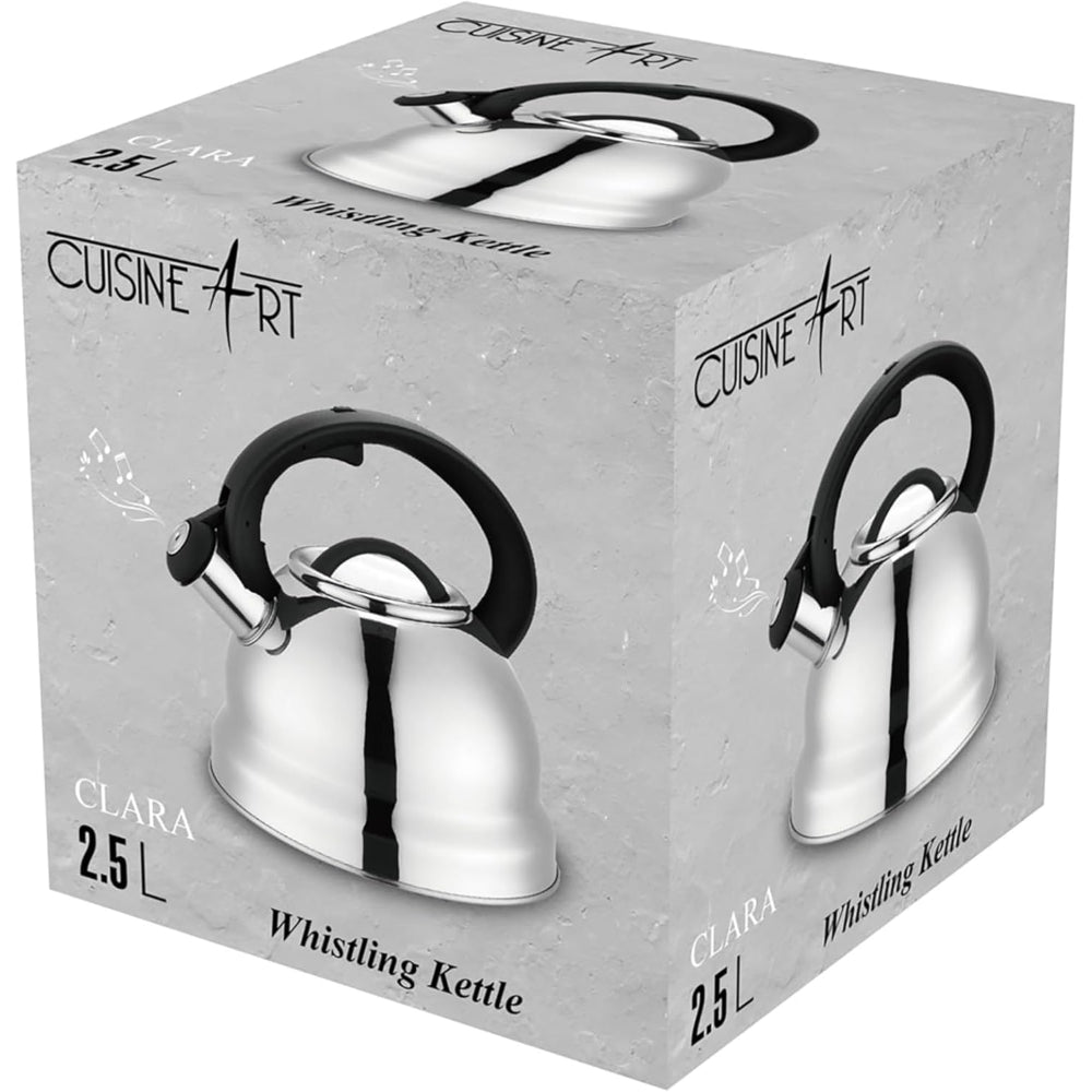 غلاية شاي صفارة من الفولاذ المقاوم للصدأ من كويزين آرت كلارا 201، سعة 2.5 لتر، فضية اللون، مصقولة بمرآة، مقبض نايلون ثابت، بطانة داخلية من الساتان، سريعة الغليان، مناسبة للاستخدام على جميع مواقد الطهي