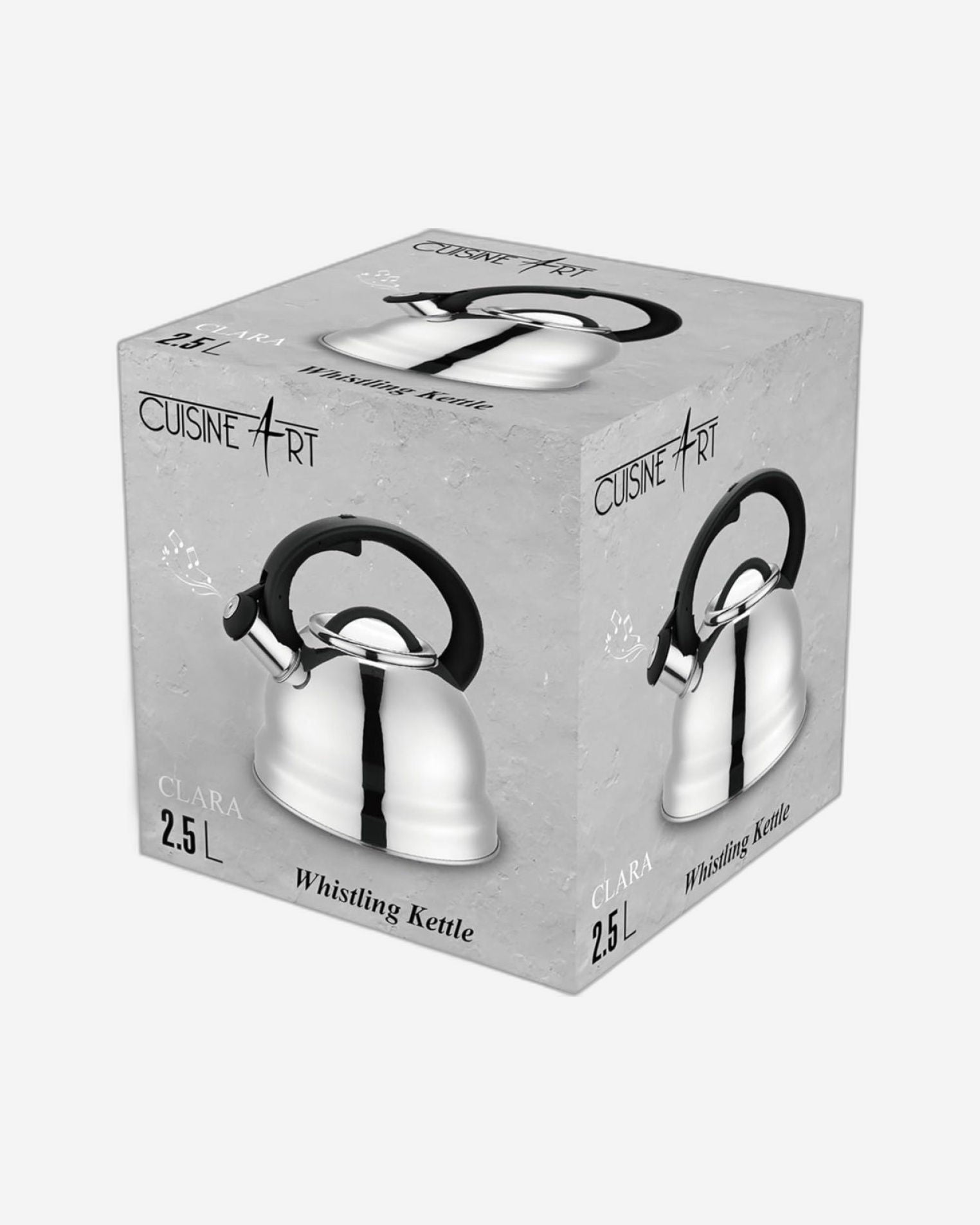 غلاية شاي صفارة من الفولاذ المقاوم للصدأ من كويزين آرت كلارا 201، سعة 2.5 لتر، فضية اللون، مصقولة بمرآة، مقبض نايلون ثابت، بطانة داخلية من الساتان، سريعة الغليان، مناسبة للاستخدام على جميع مواقد الطهي