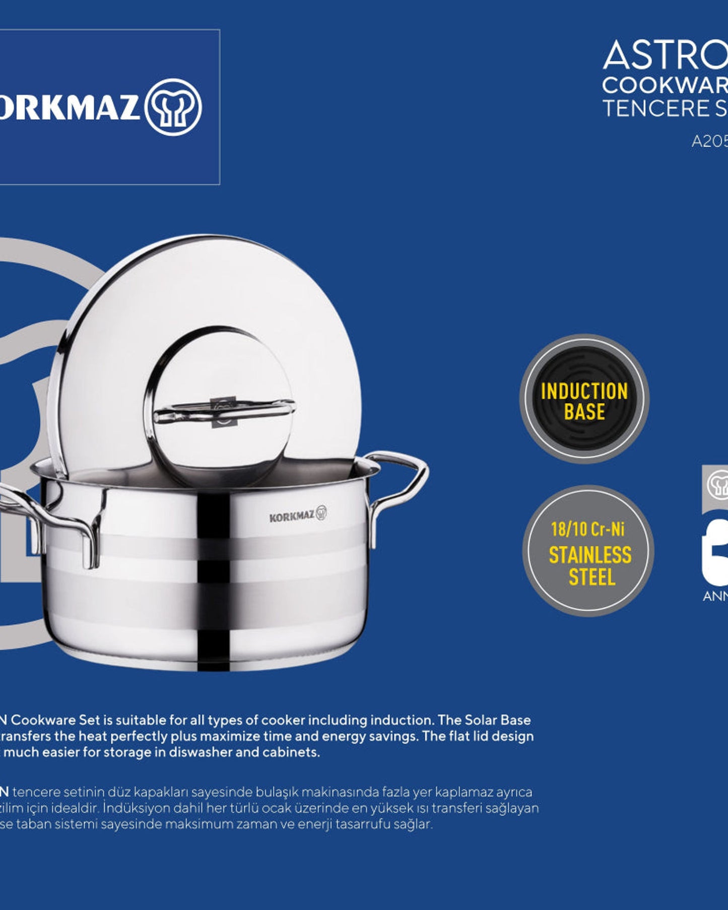 طقم أواني طهي كوركماز أسترون 7 قطع مناسب للطهي بالحث