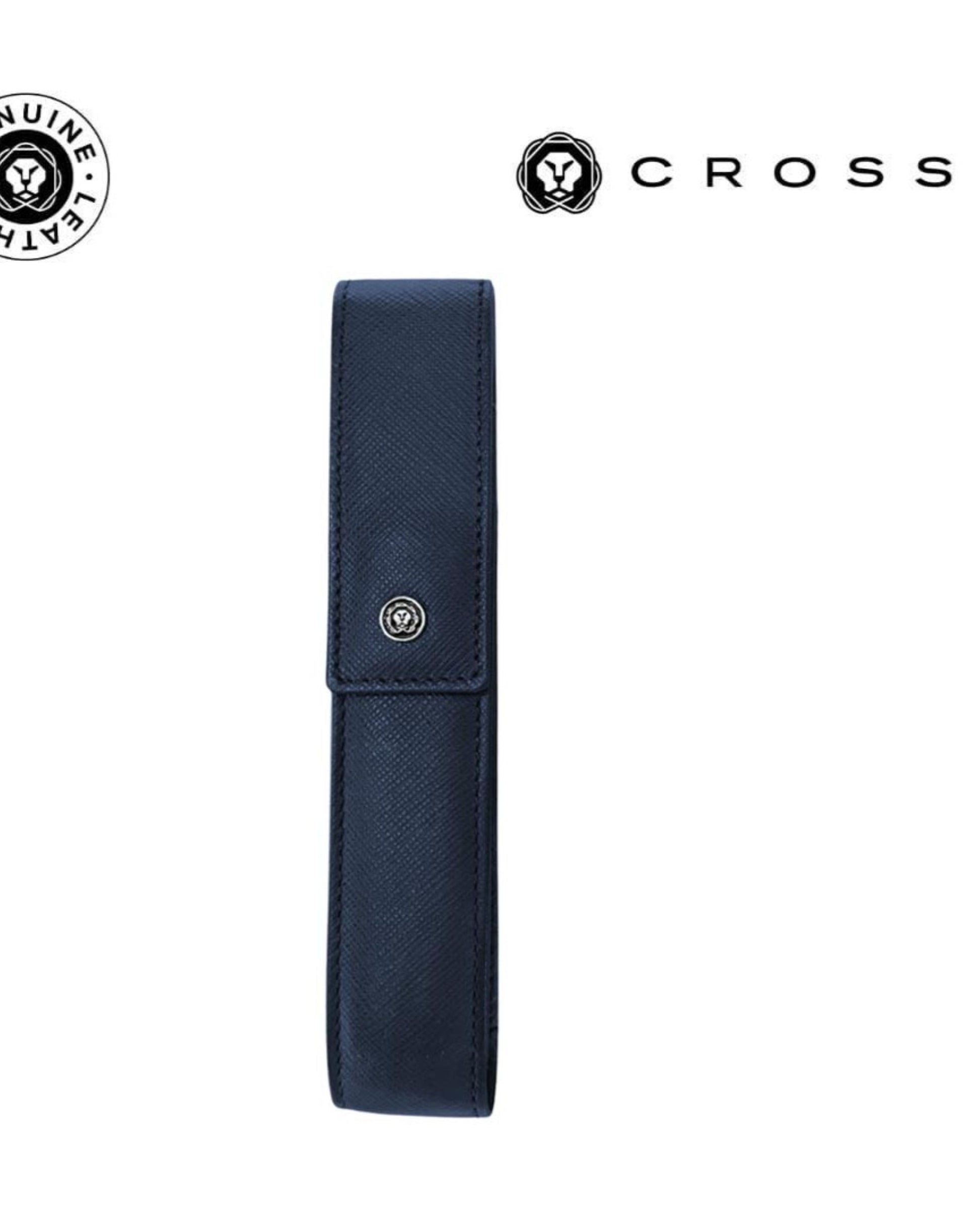 CROSS LEATHER SINGLE PEN CASE WITH FLAP  NAVY BLUE