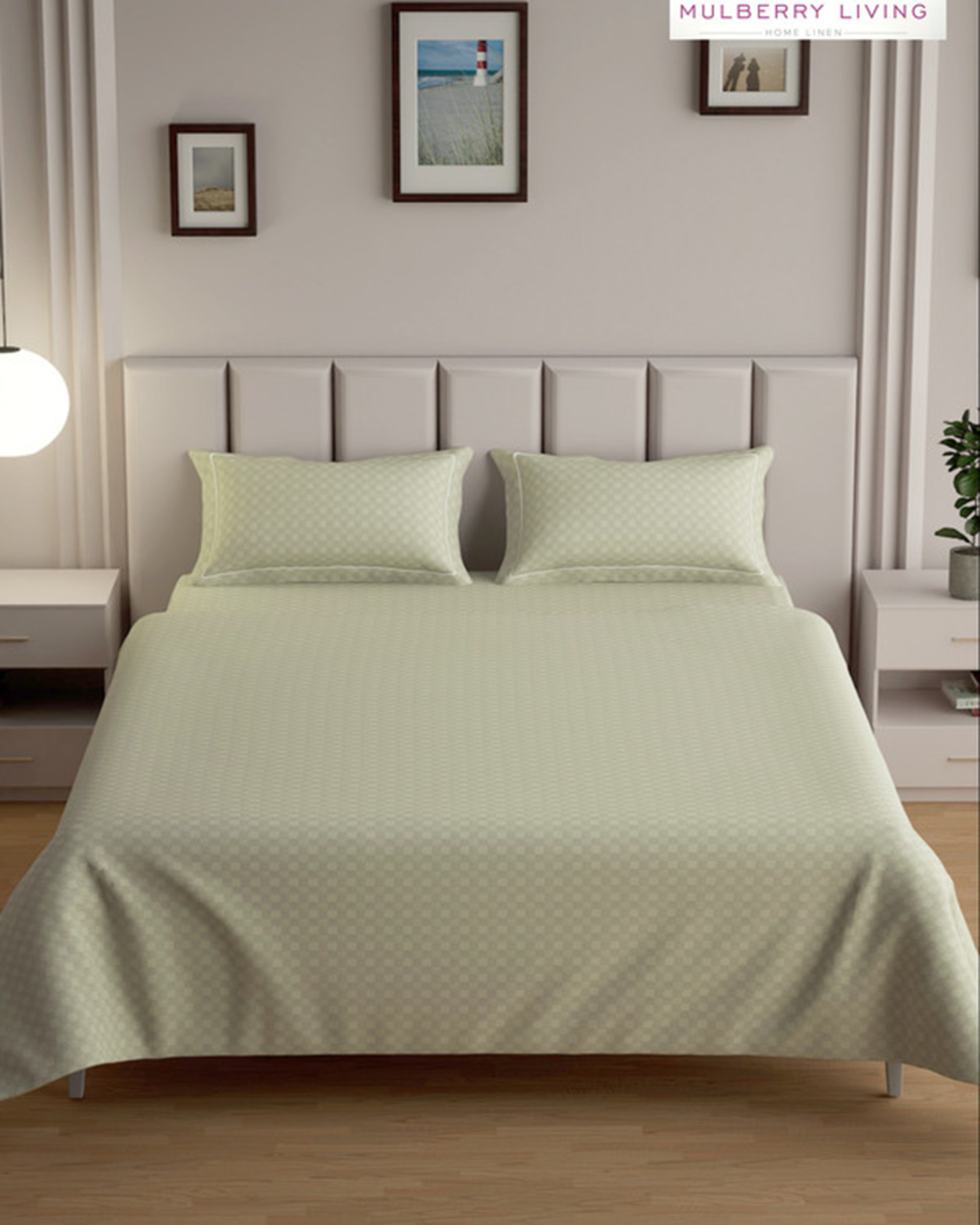 Mulberry Living Cotton Queen Flat 300TC Urban Grid Ivory