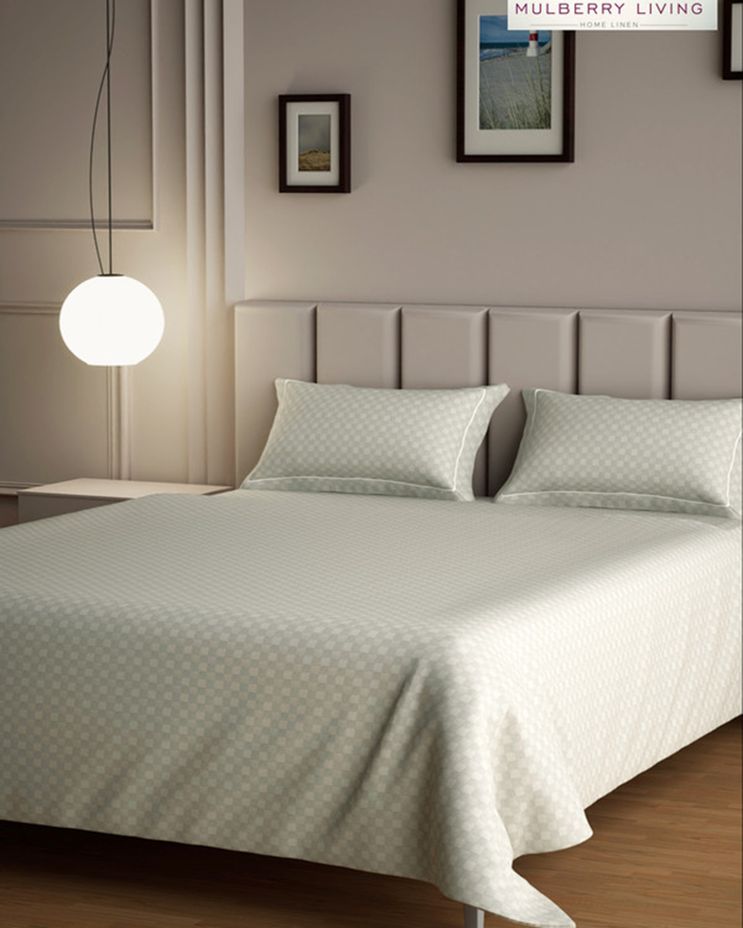 Mulberry Living Cotton Queen Flat 300TC Urban Grid Ivory