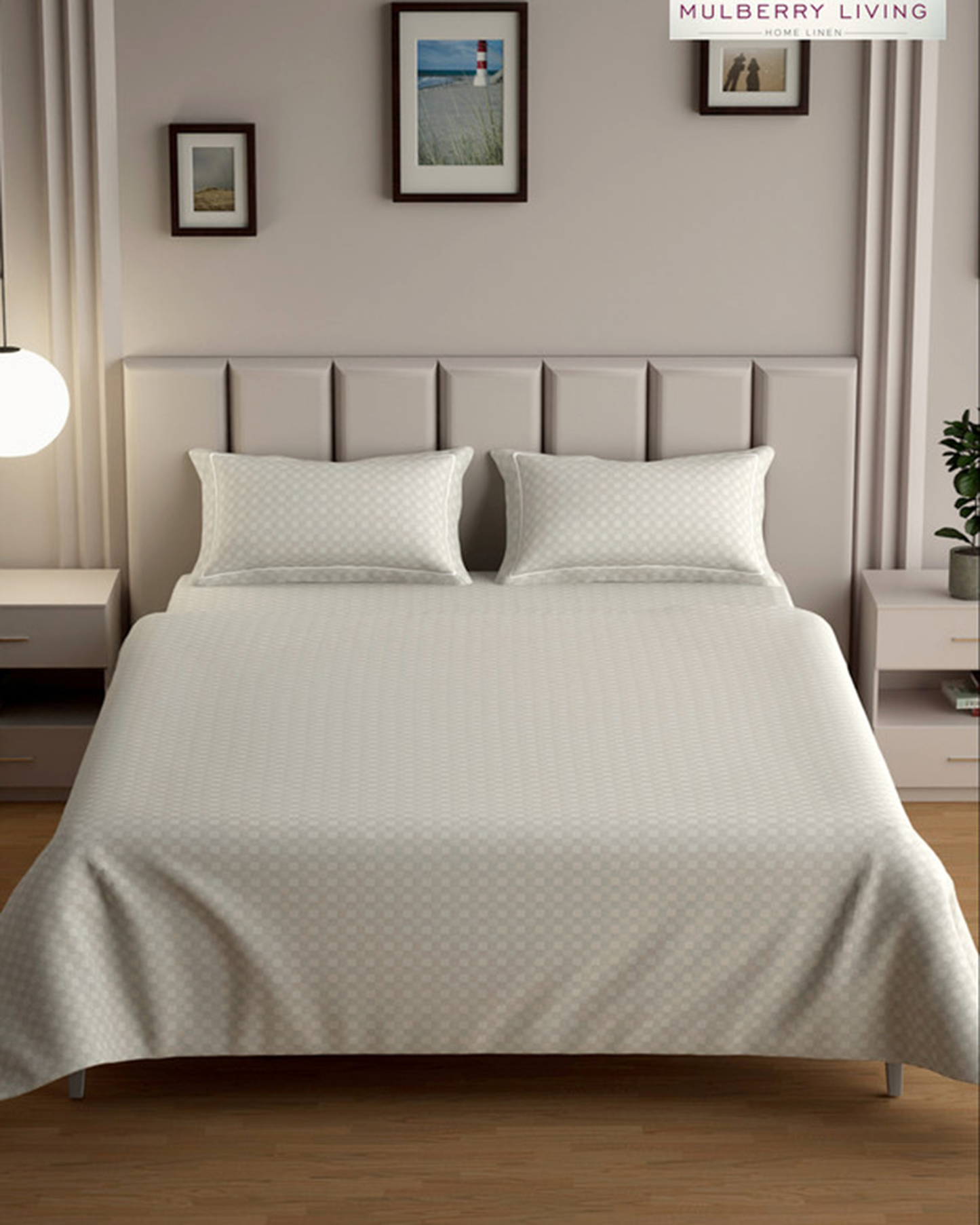 Mulberry Living Cotton Queen Fitted 300TC Urban Grid White