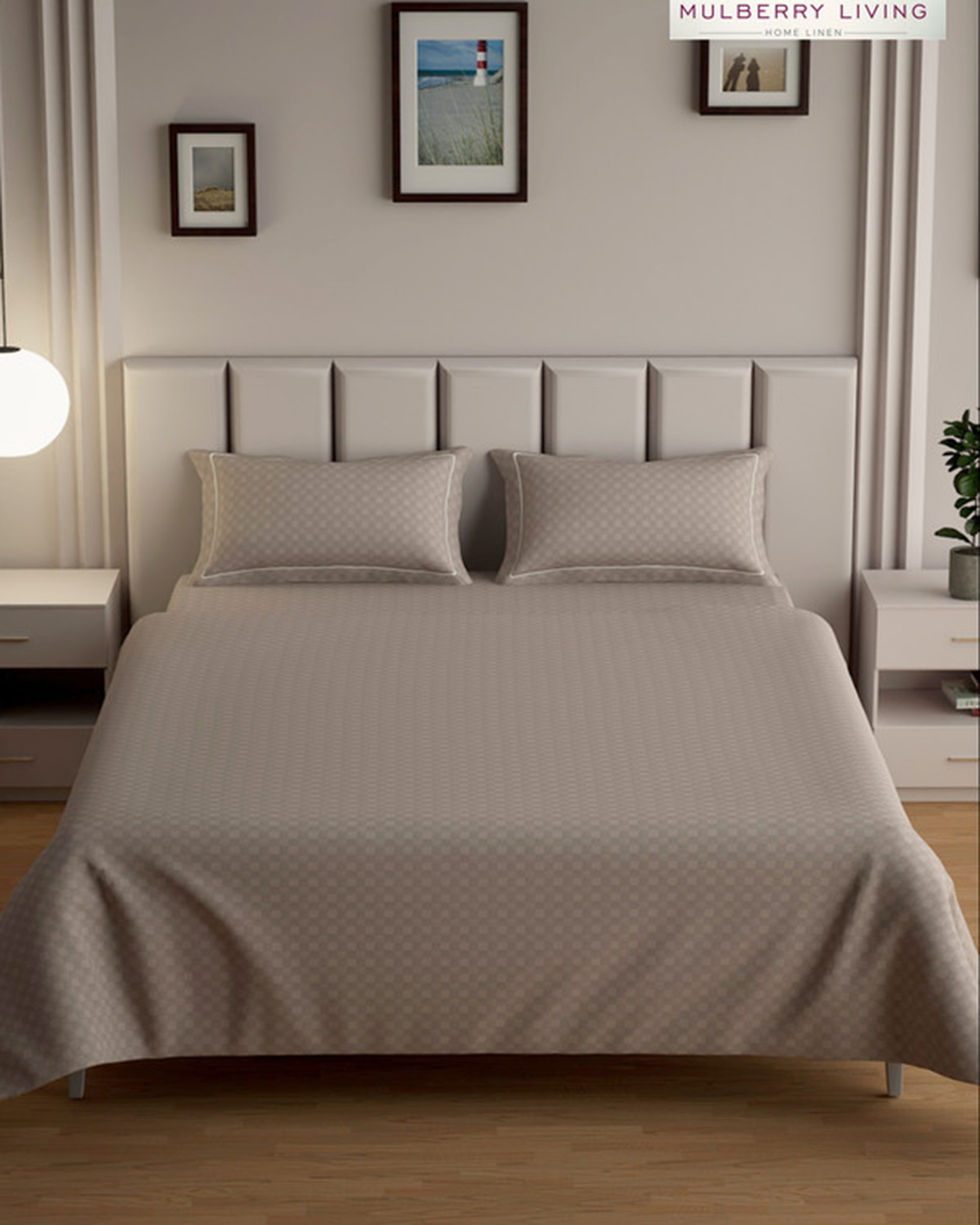 Mulberry Living Cotton Queen Fitted 300TC Urban Grid White
