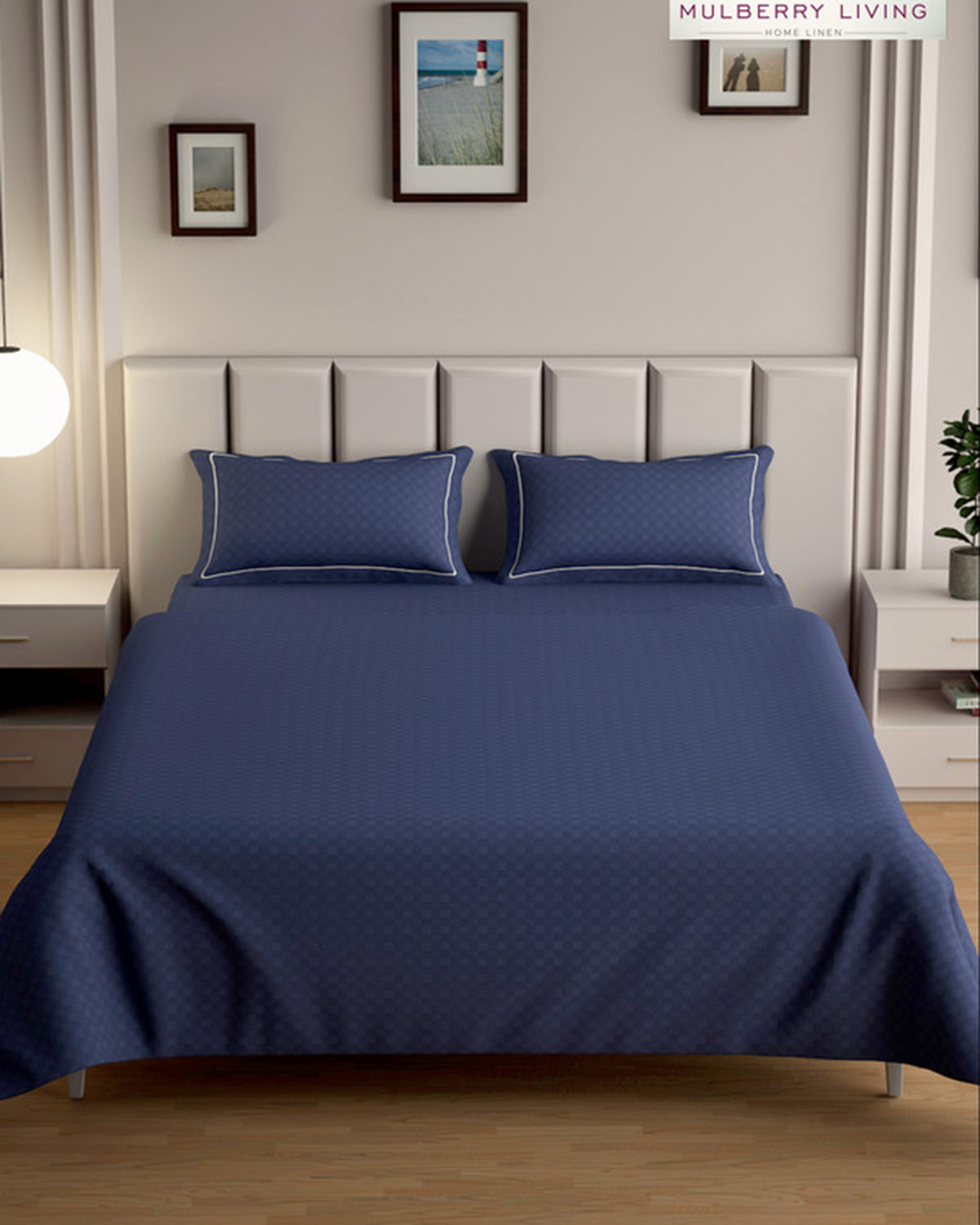 Mulberry Living Cotton Queen Fitted 300TC Urban Grid White
