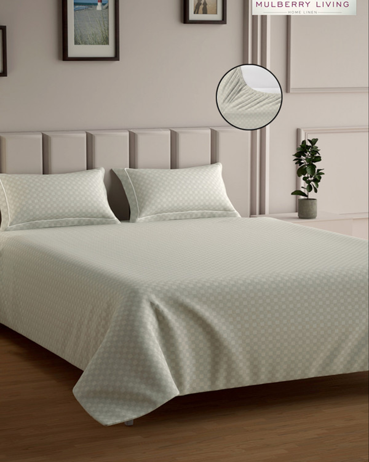 Mulberry Living Cotton Queen Fitted 300TC Urban Grid White
