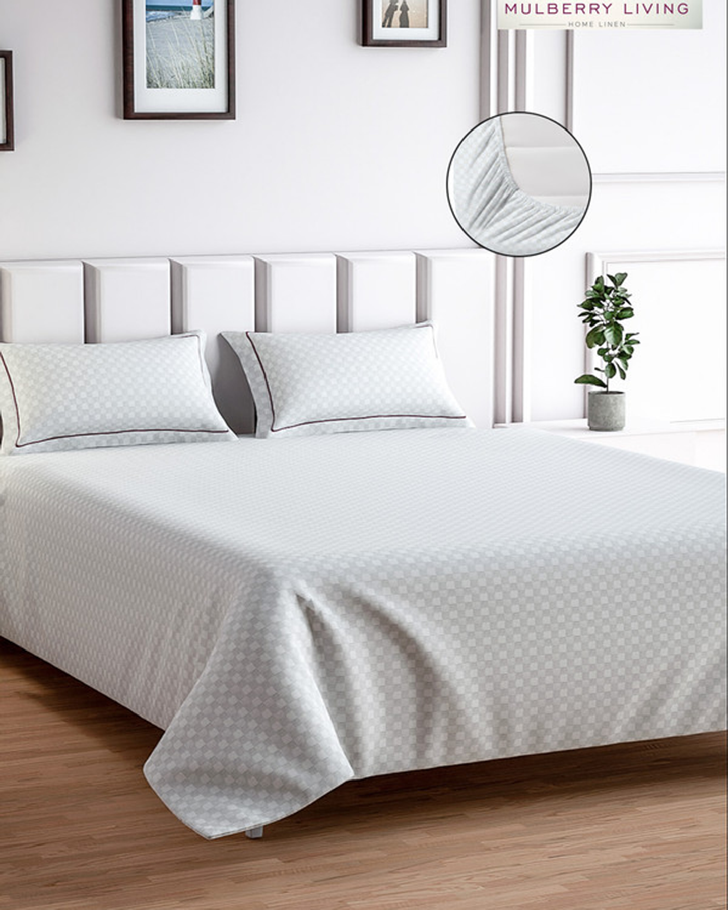 Mulberry Living Cotton Queen Fitted 300TC Urban Grid White