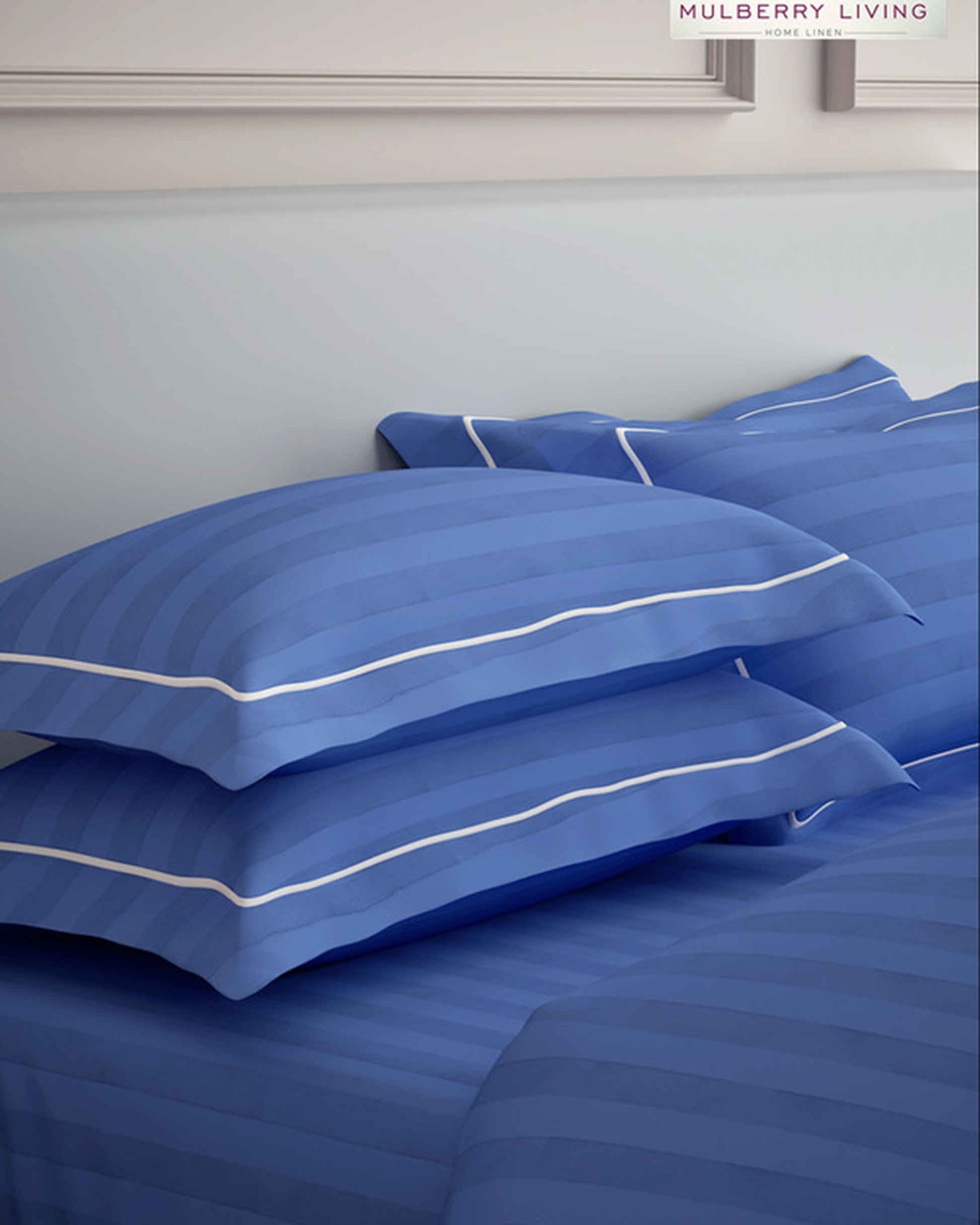 Cotton Pillow Covers Set 2Pc 300TC Elysian Stripes Mediterranean Blue