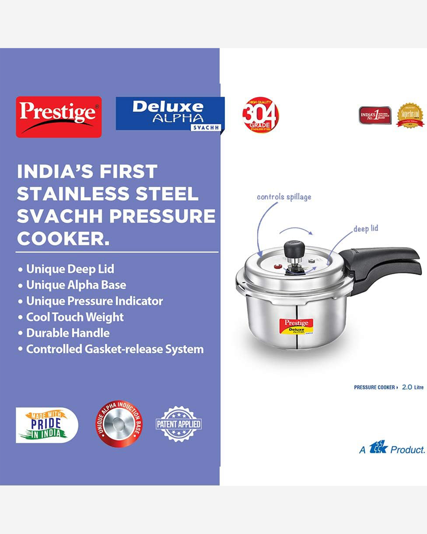 Prestige Svachh Pressure Cooker 5.5L Stainless Steel Alpha Grey