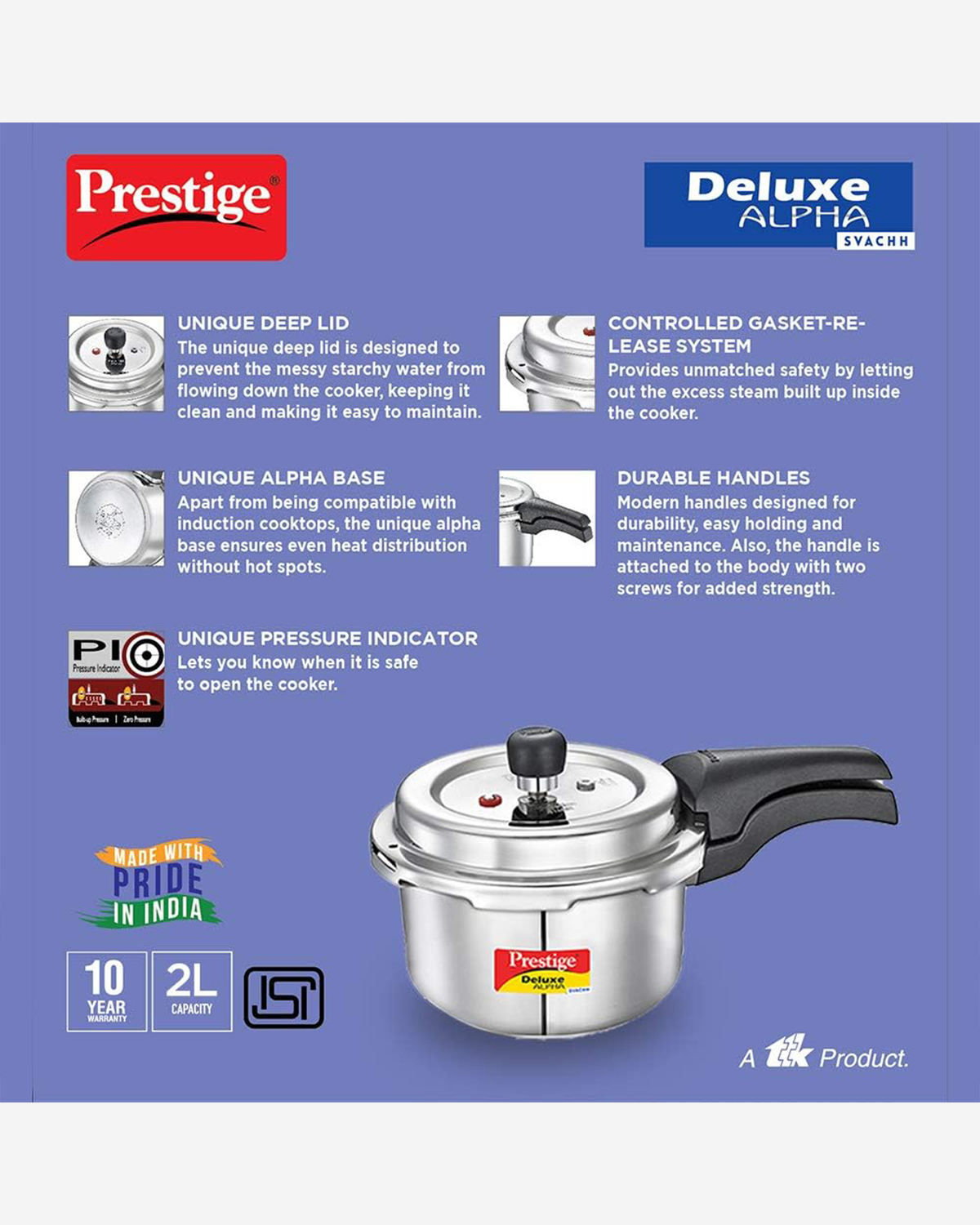 Prestige Svachh Pressure Cooker 5.5L Stainless Steel Alpha Grey