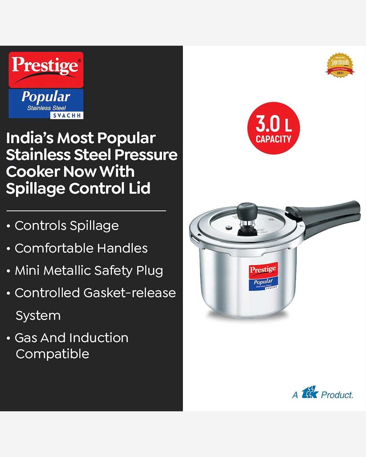 Prestige Popular Svachh Pressure Cooker 2L Stainless Steel Outer Lid