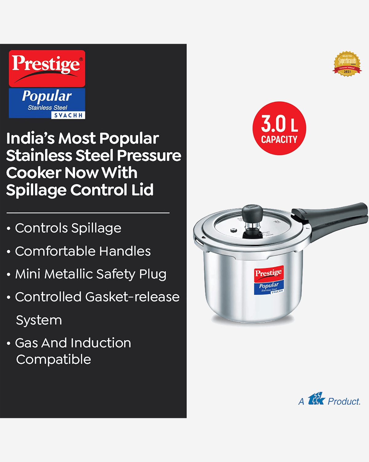 Prestige Popular Svachh Pressure Cooker 3L Stainless Steel Outer Lid