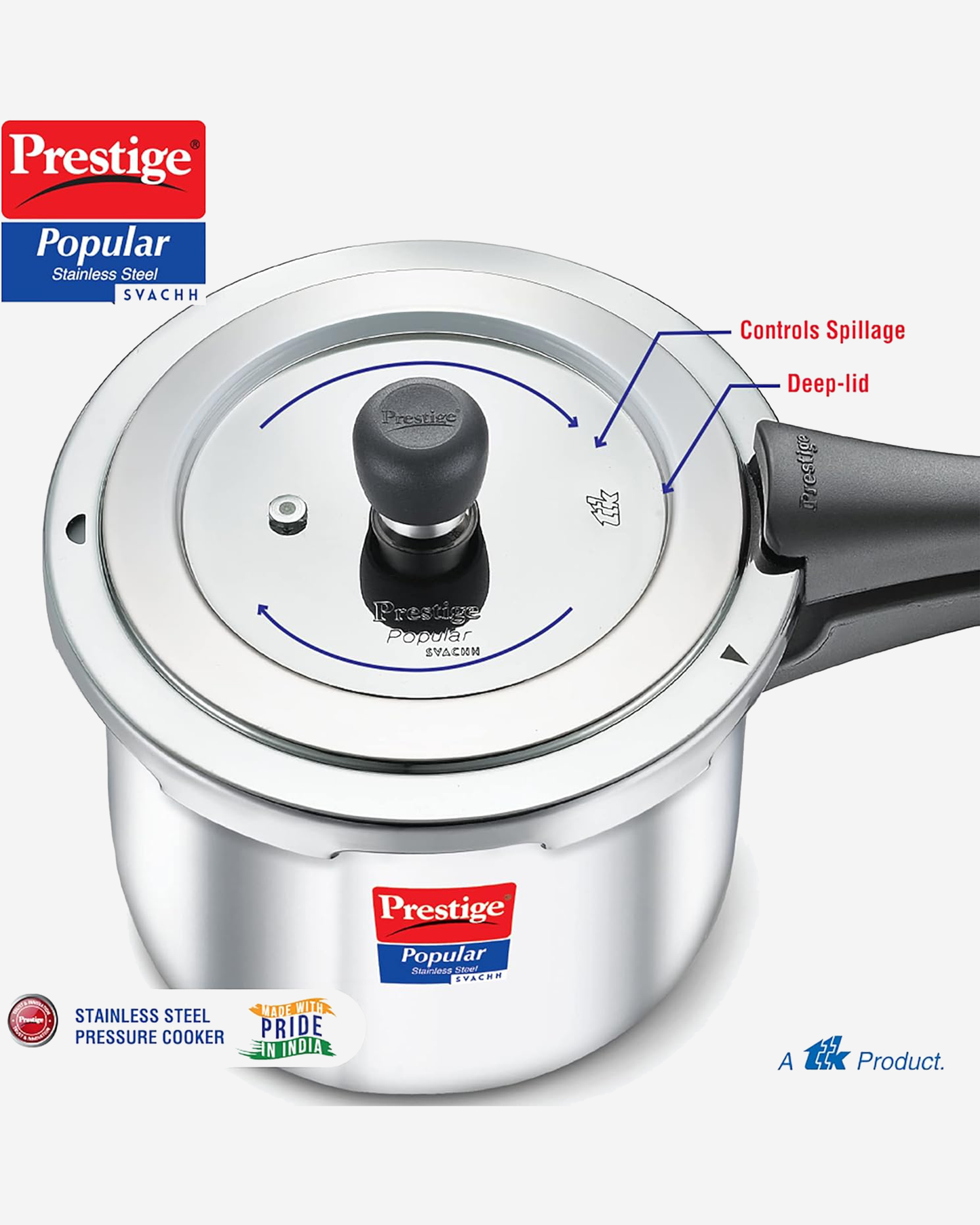 Prestige Popular Svachh Pressure Cooker 1.5L Stainless Steel Outer Lid