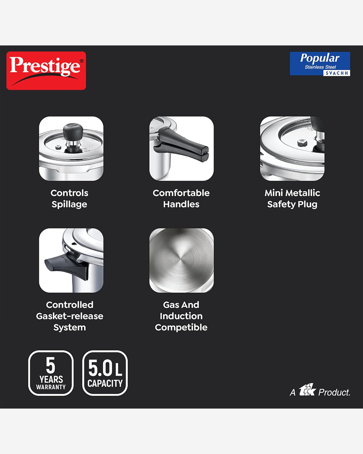 Prestige Popular Pressure Cooker 2L Aluminium Silver