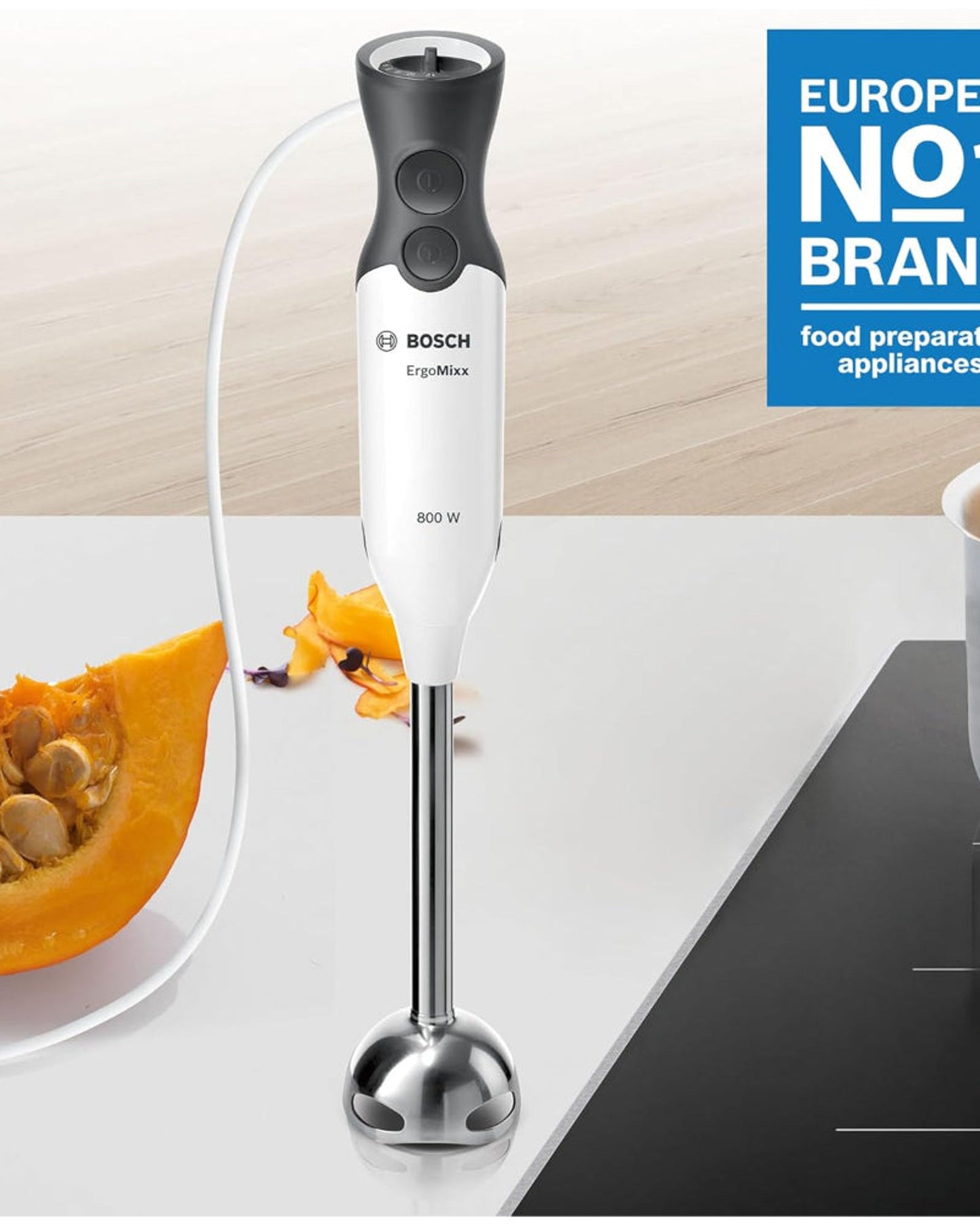 خلاط يدوي بوش بقوة 800 واط، مزود بـ 12 سرعة، شفرة كواترو توربو، ومفرمة وخفاقة - MS6CA4150G أبيض