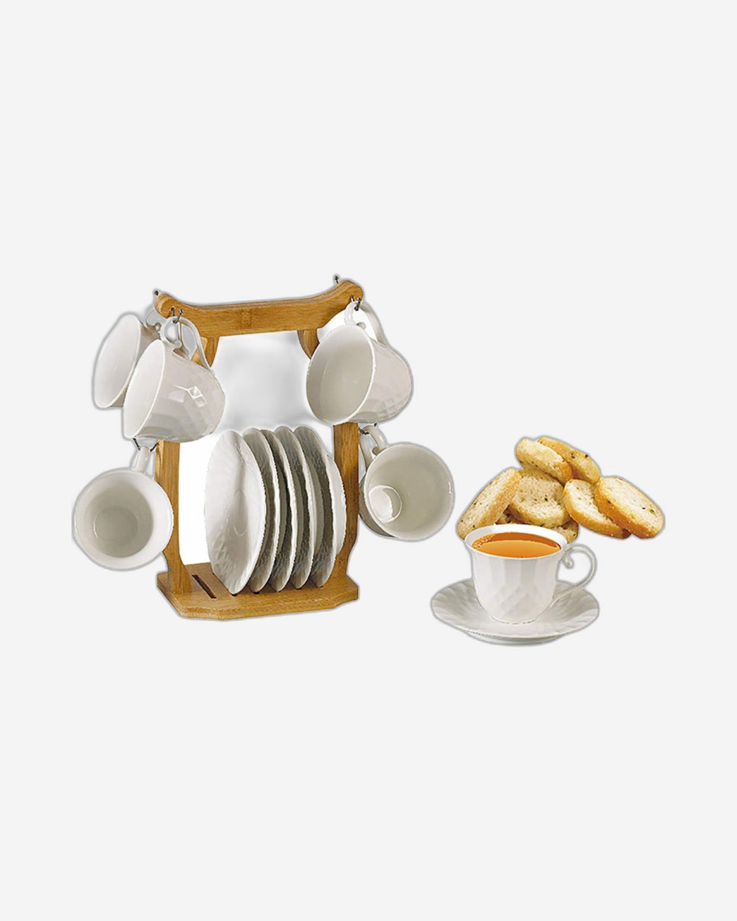 طقم أكواب وصحون من البورسلين من شالو، ١٢ قطعة، سعة ٩٠ مل، مع حامل من الخيزران - طقم تقديم أنيق للشاي/القهوة